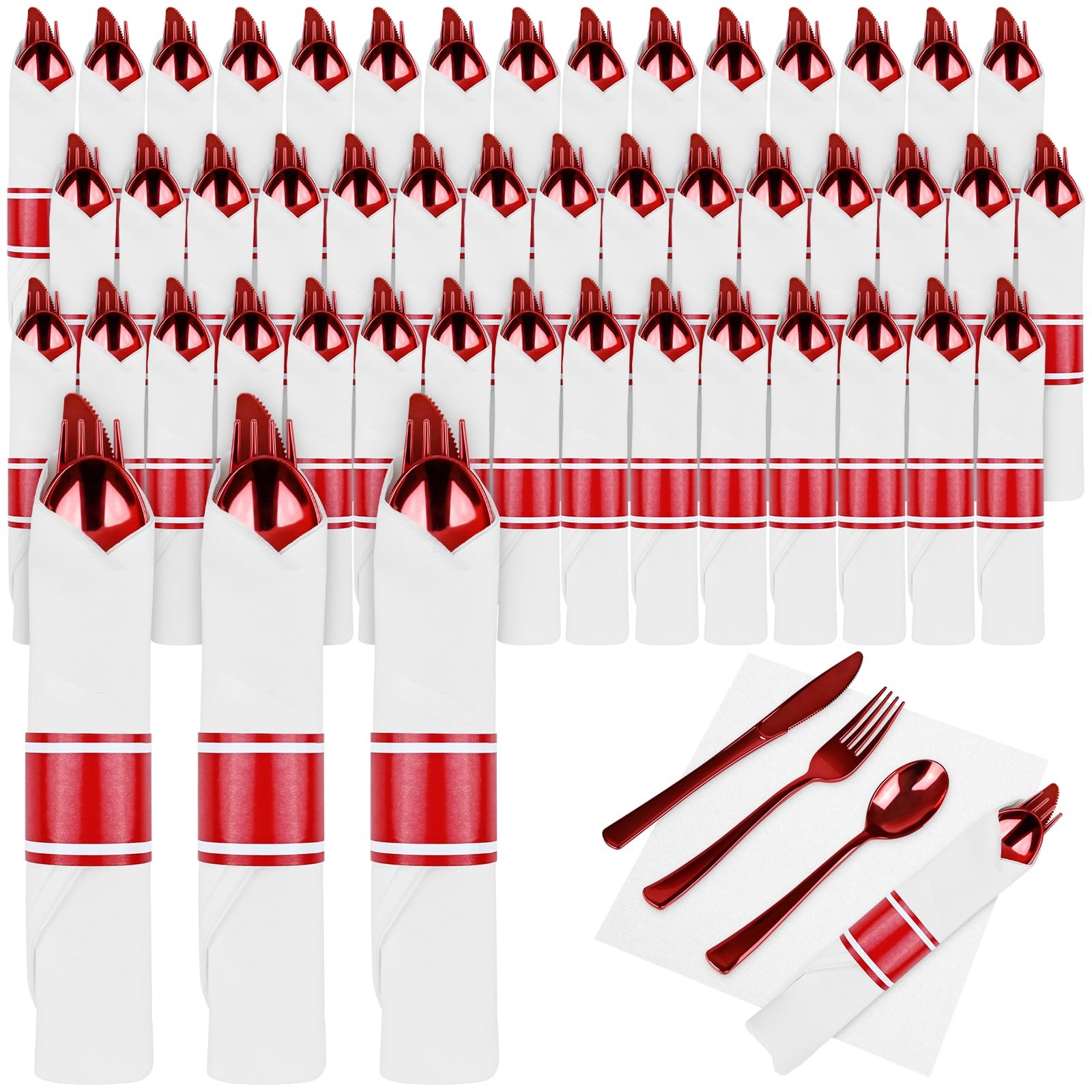 Disposable Cutlery 100 Pack Red Rolled Plastic Silverware with Napkins 100Pack