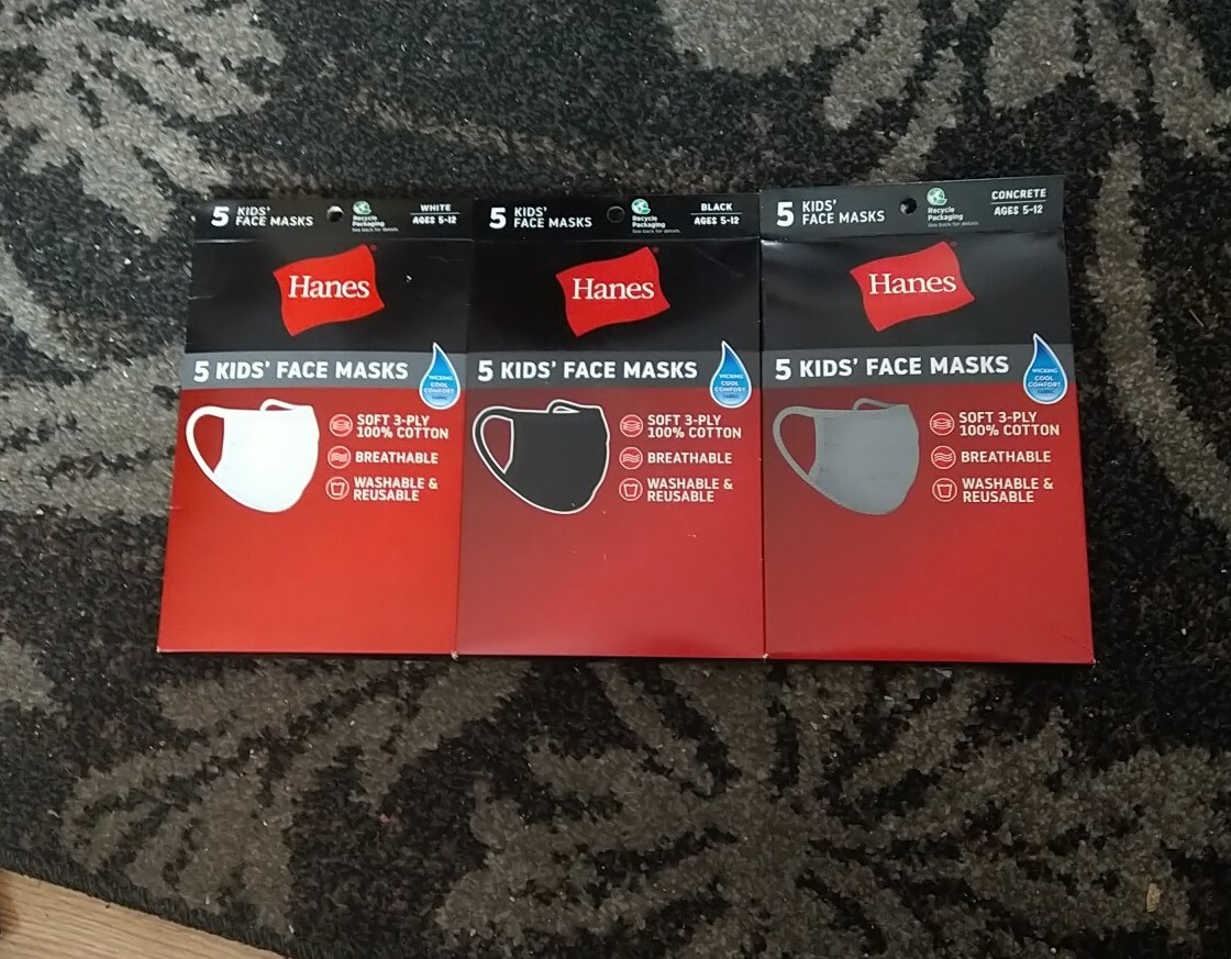 15 Hanes Kid’s Washable Face Masks, 3 Pkgs Of 5, White Black Grey