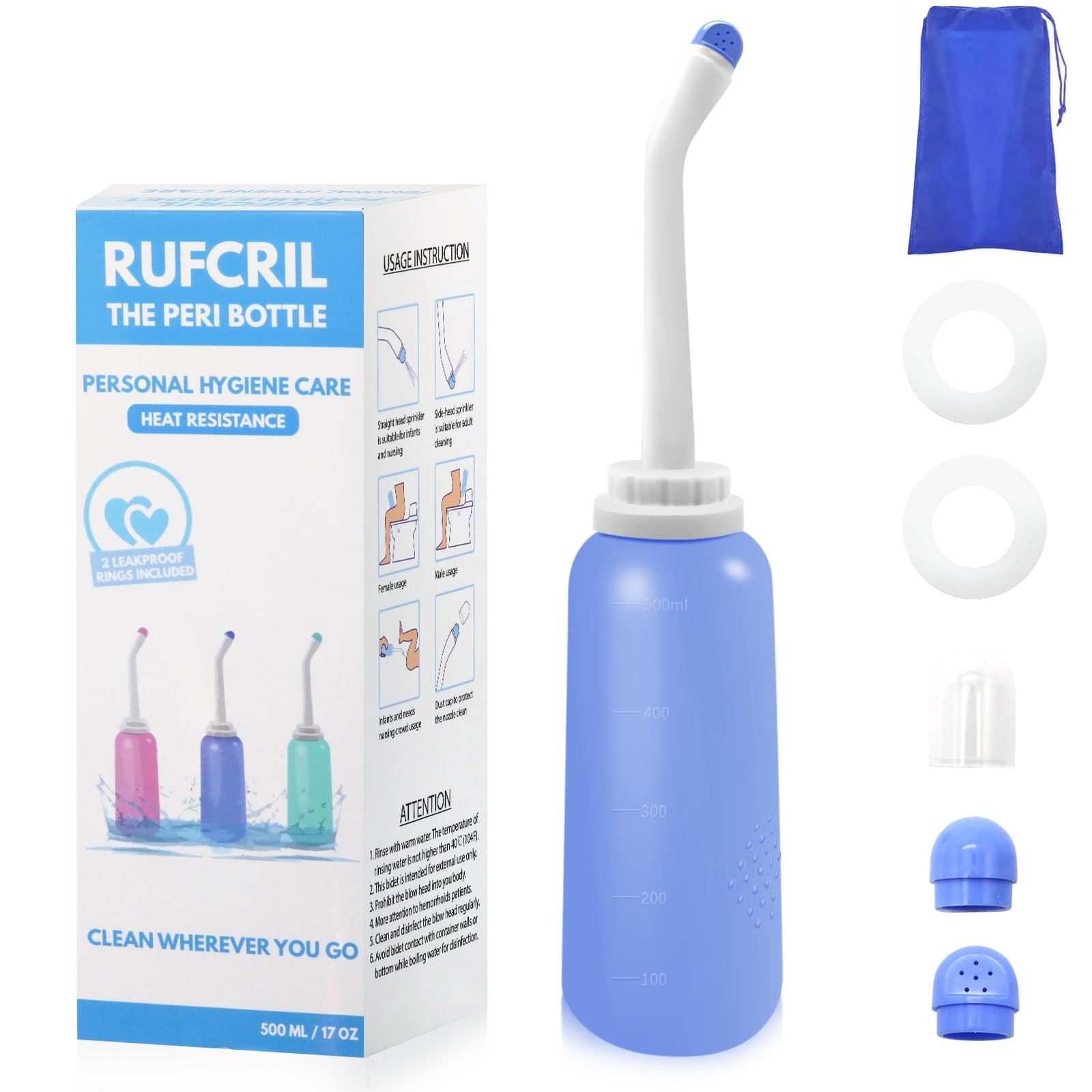 Peri Bottle, Portable Travel Bidet with Bag, TPE Material Can Be Boiled, 17oz…