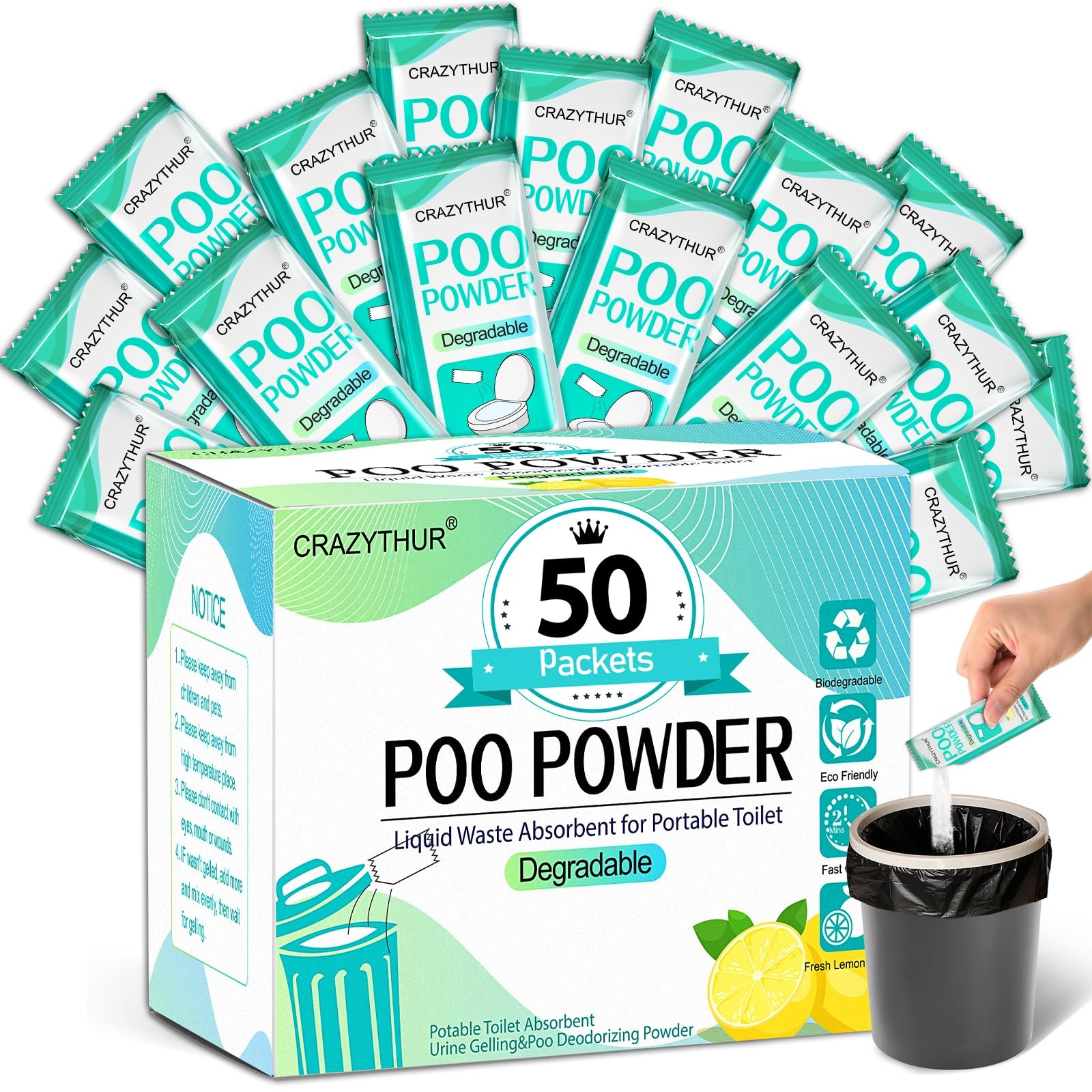CRAZYTHUR Portable Toilet Gel, 50 0.01 Ounce (Pack of 50), 50Pcs-Lemon