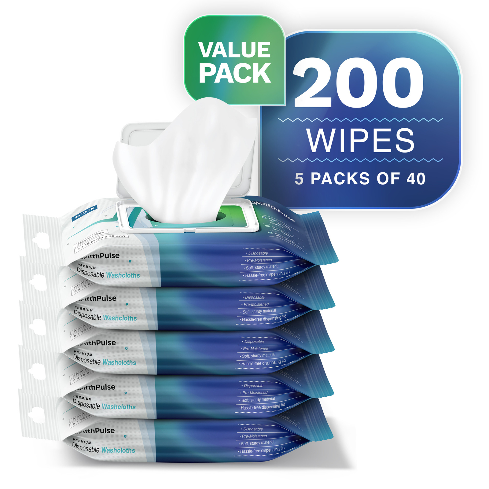FifthPulse Moist Disposable Washcloths Alcohol Free Infused Aloe Lanolin 200 Pk
