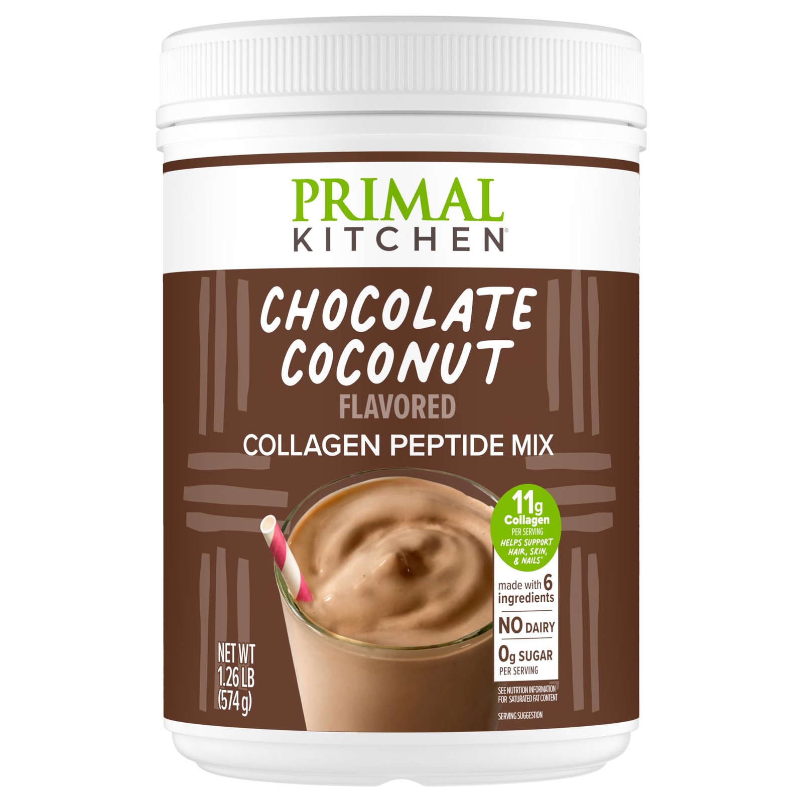 Collagen Drink Mix Chocolate Coconut Peptides 20oz Primal Kitchen Fuel Dairy