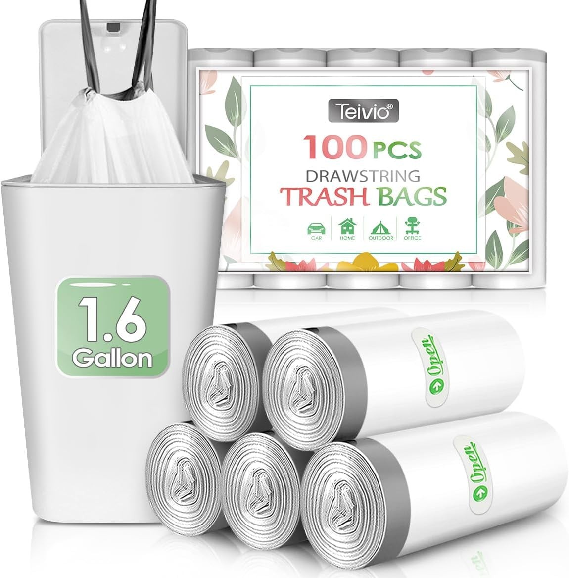 Teivio 1.6 Gallon 120 Counts Strong Drawstring 1 Count (Pack of 120), White