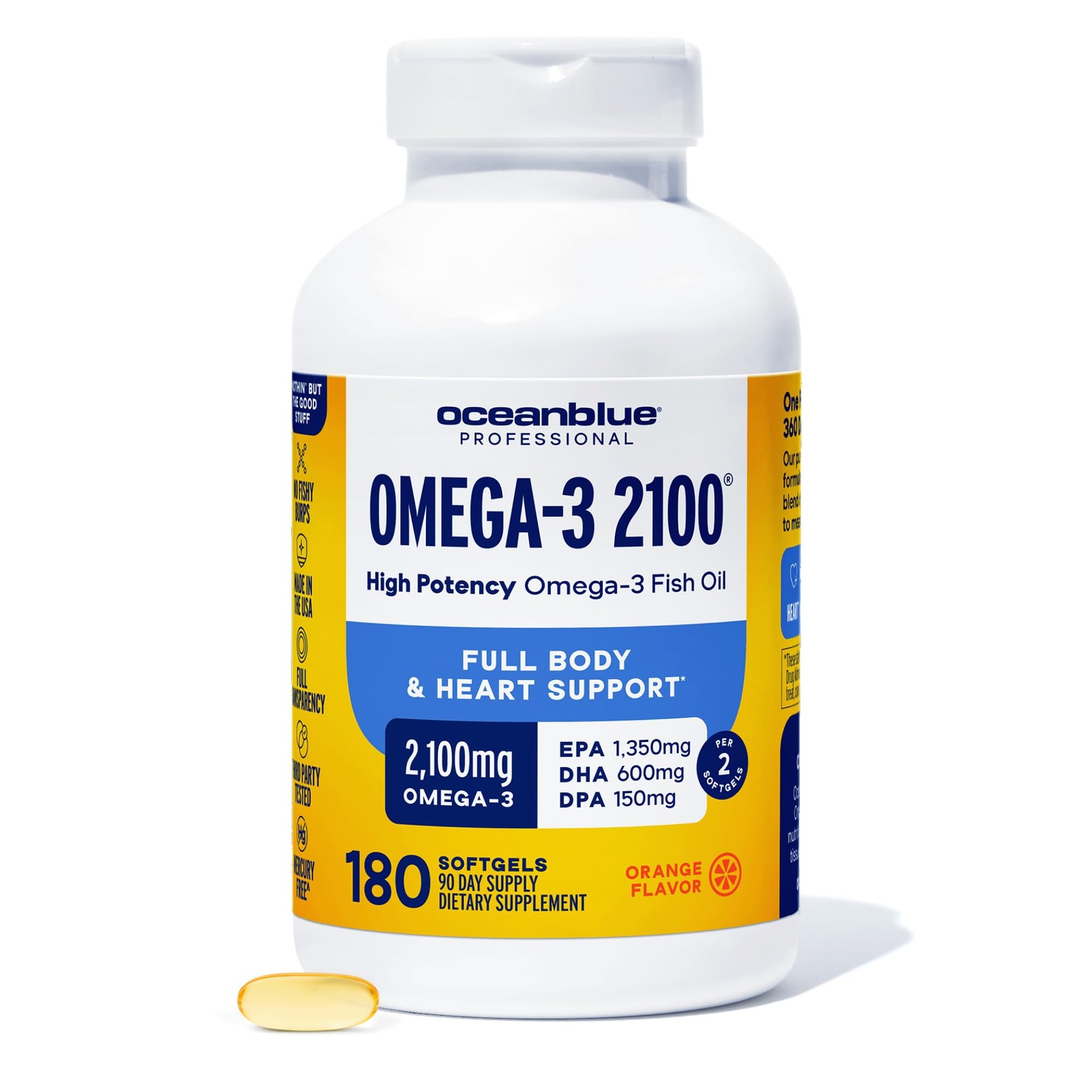 Fish Oil Supplement 180ct Triple Strength Omega 3 2100 Burpless Orange Oceanblue