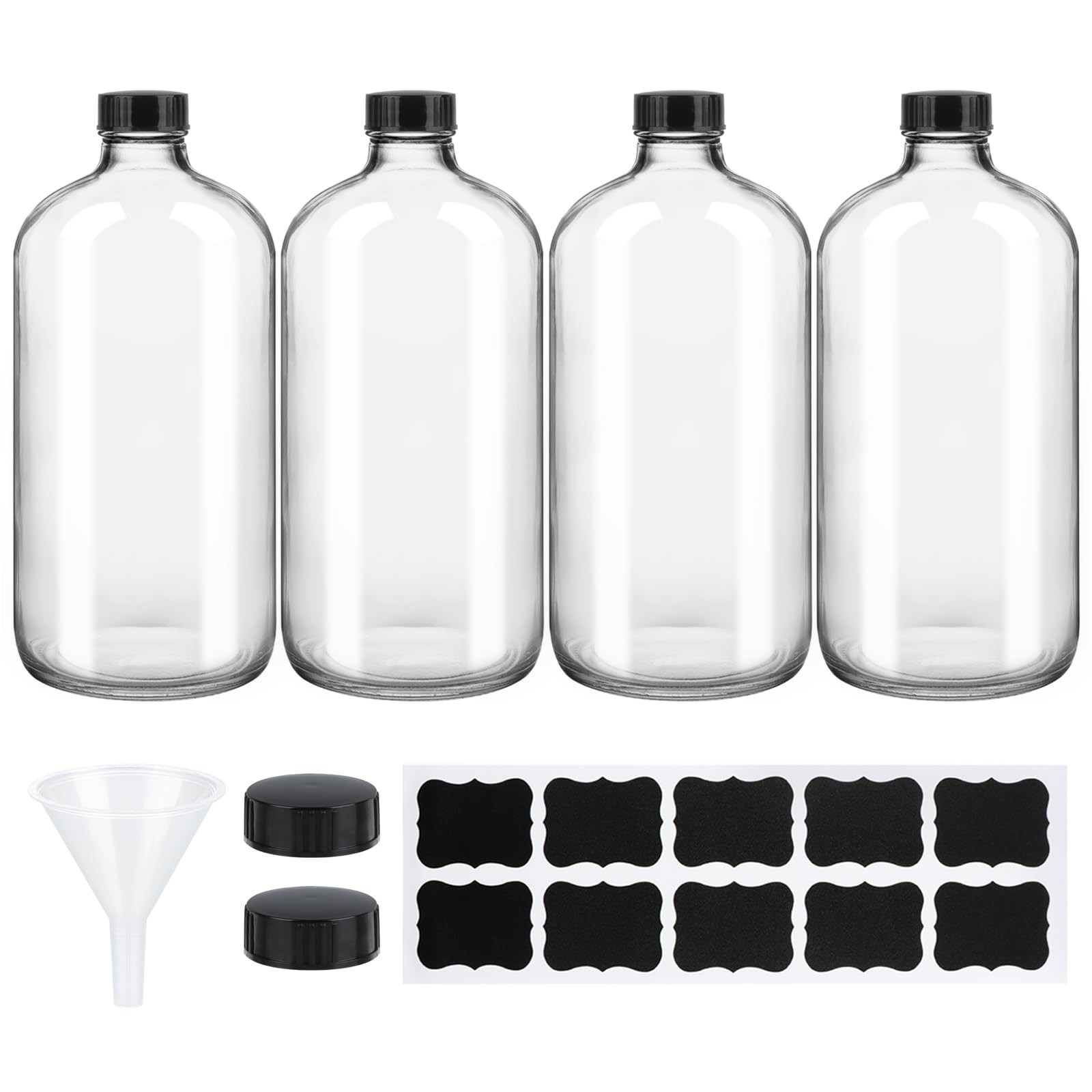4 Pack 32 oz Clear Boston Round Glass Bottles with Black Caps for Secondary K…