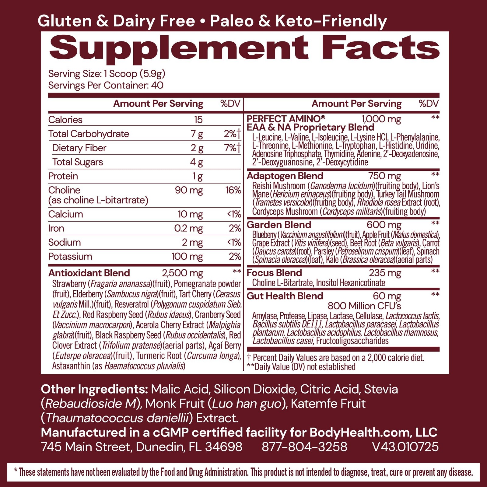 Superfood Smoothie Powder Reds PerfectAmino Antioxidants 40 Servings BodyHealth