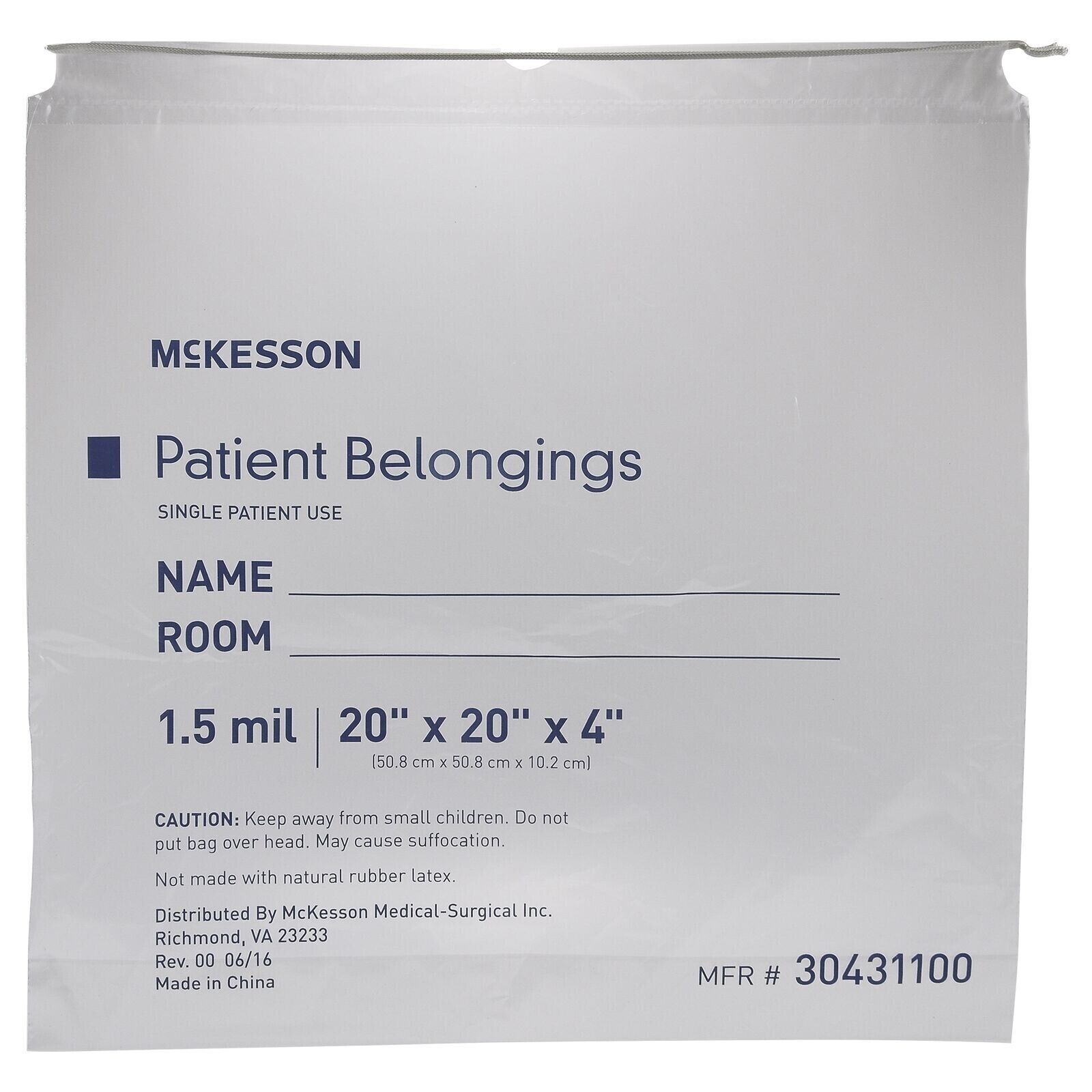 MCK-Patient Belongings Bag 4 X 20 X 20 Inch Polyethylene Drawstring Closure