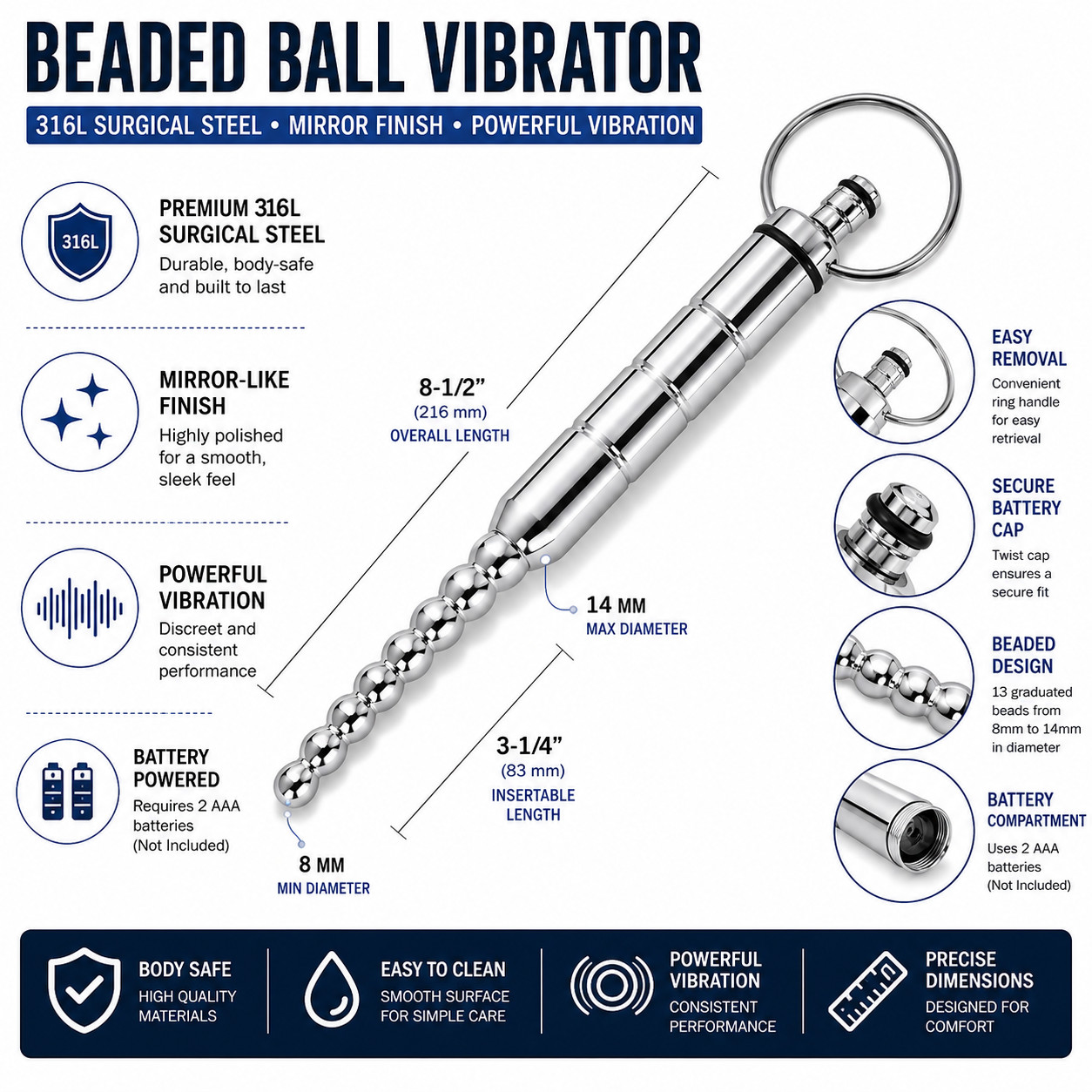 Beaded Ball Vibration Sound, Surgical Steel 6 Inches Male Urethral Ribbed Plug