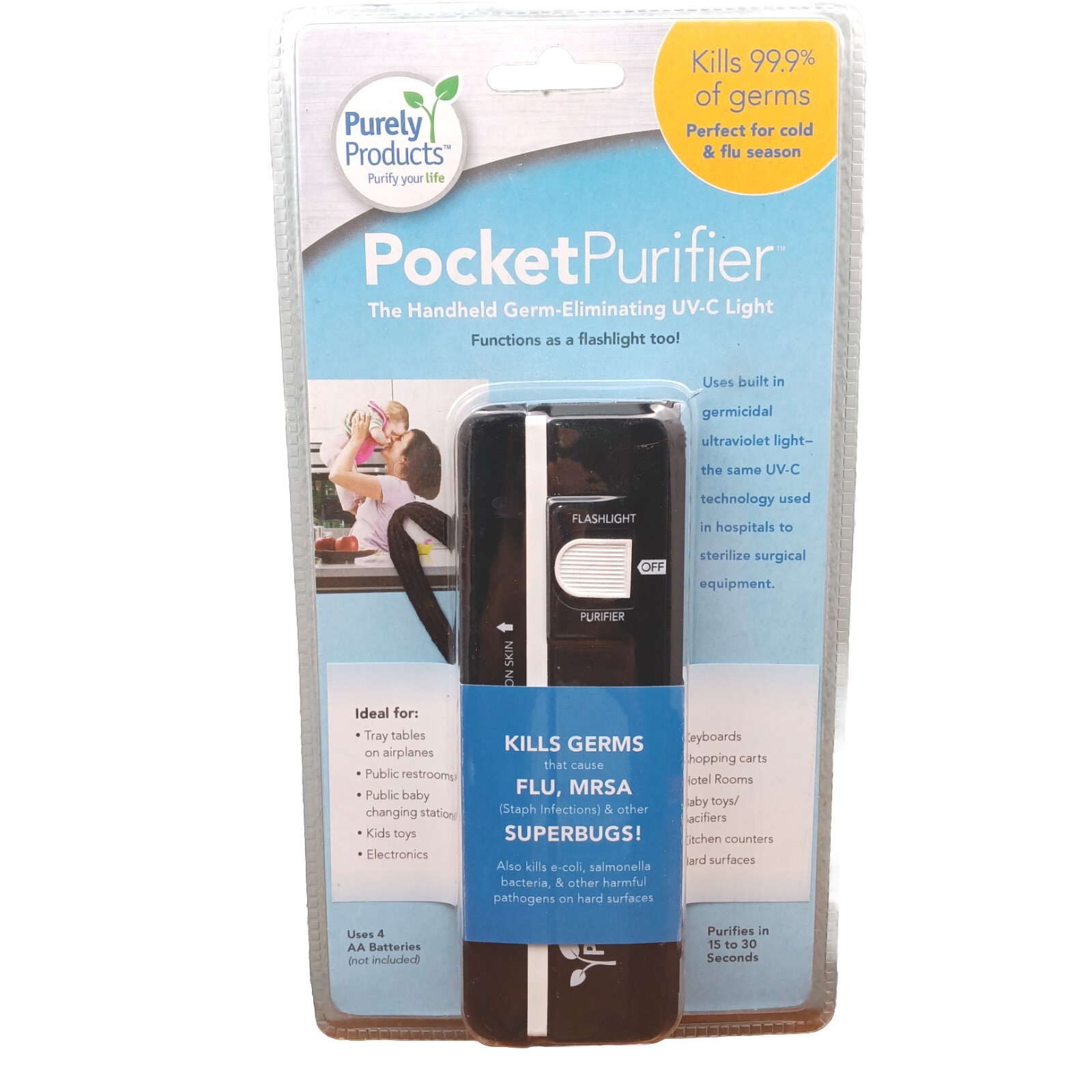 Pocket Purifier Germ Eliminating UV-C Handheld Light Kills 99.9% of Germs SEALED