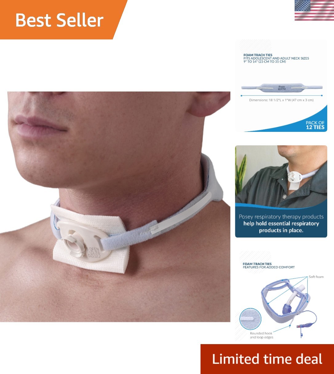 Flexible Medium Trach Tie – 12 Soft Foam Holders for Adult and Adolescent Use