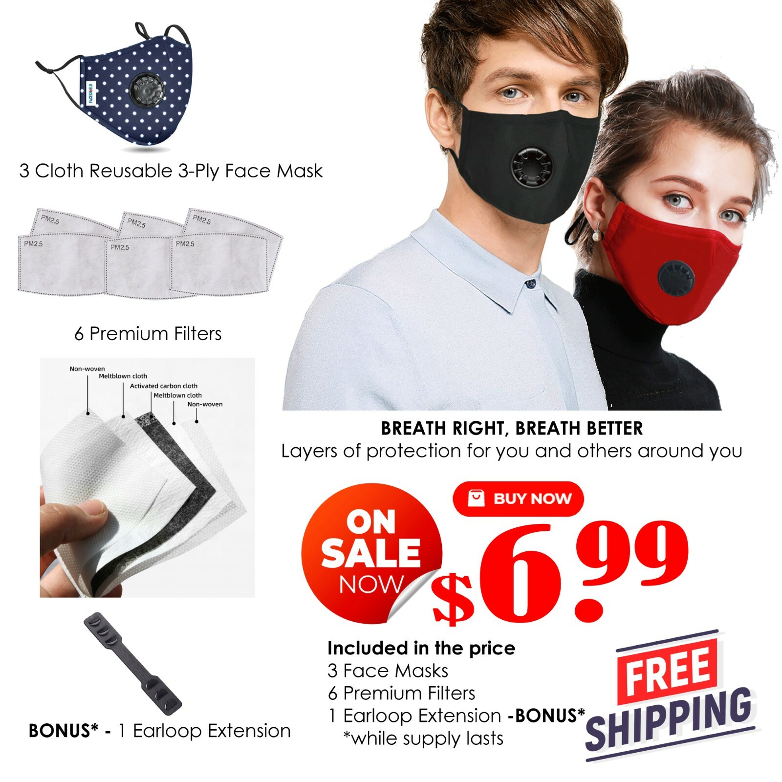 3 Reusable Cloth Face Masks Blue/White Dots & 6 FREE 5 LAYER FILTERS + BONUS
