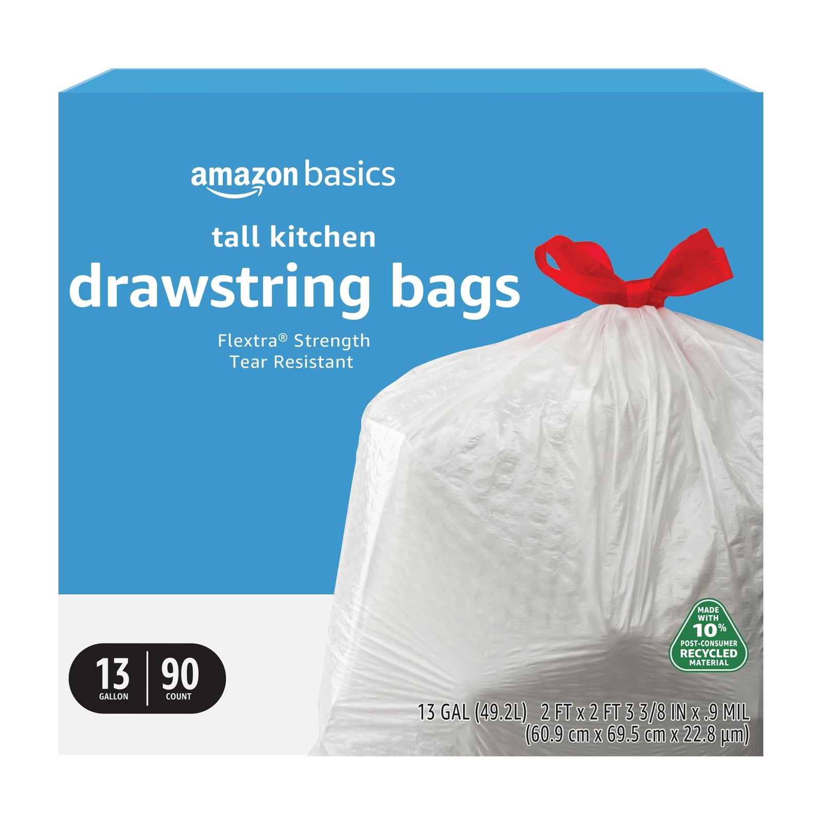 Amazon Basics 13 Gallon Tall Kitchen Drawstring Trash Bags, 90 Count, White