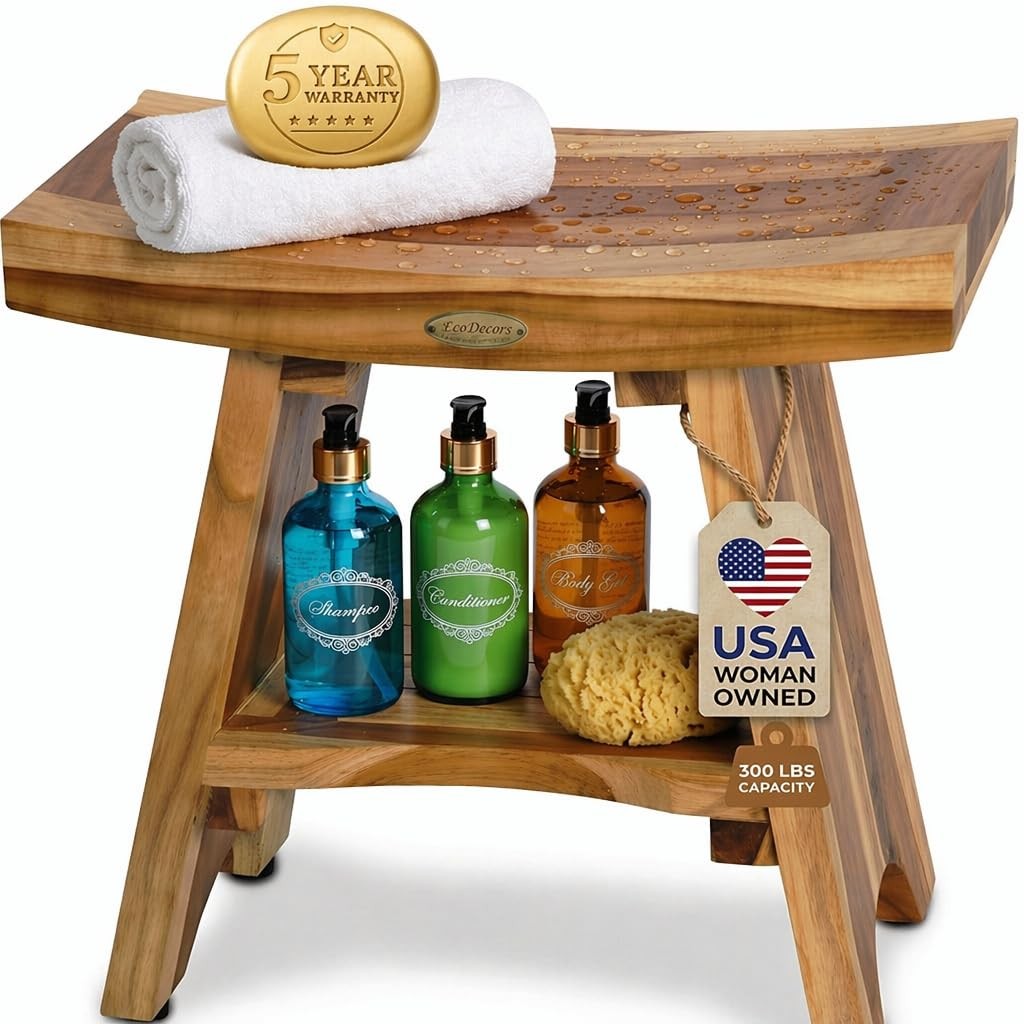 Shower Bench Teak 18 300 lb Capacity Waterproof Bath Seat ED961 EcoDecors Wood