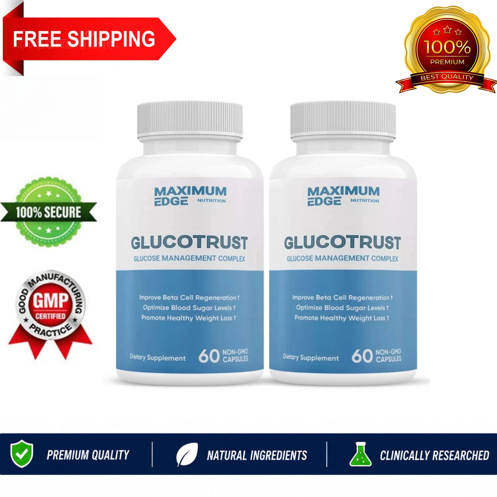 MAXIMUM EDGE- Glucotrust Capsules Blood Sugar Support&weight loss 60ct (2 pack)