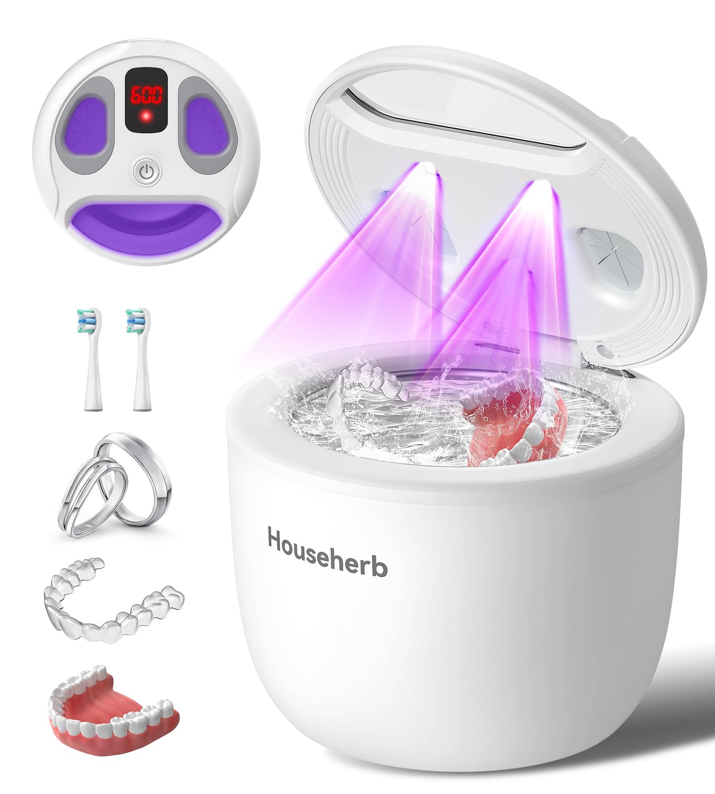 Househerb Ultrasonic Retainer Cleaner, Dental Cleaning Pod for Denture, White