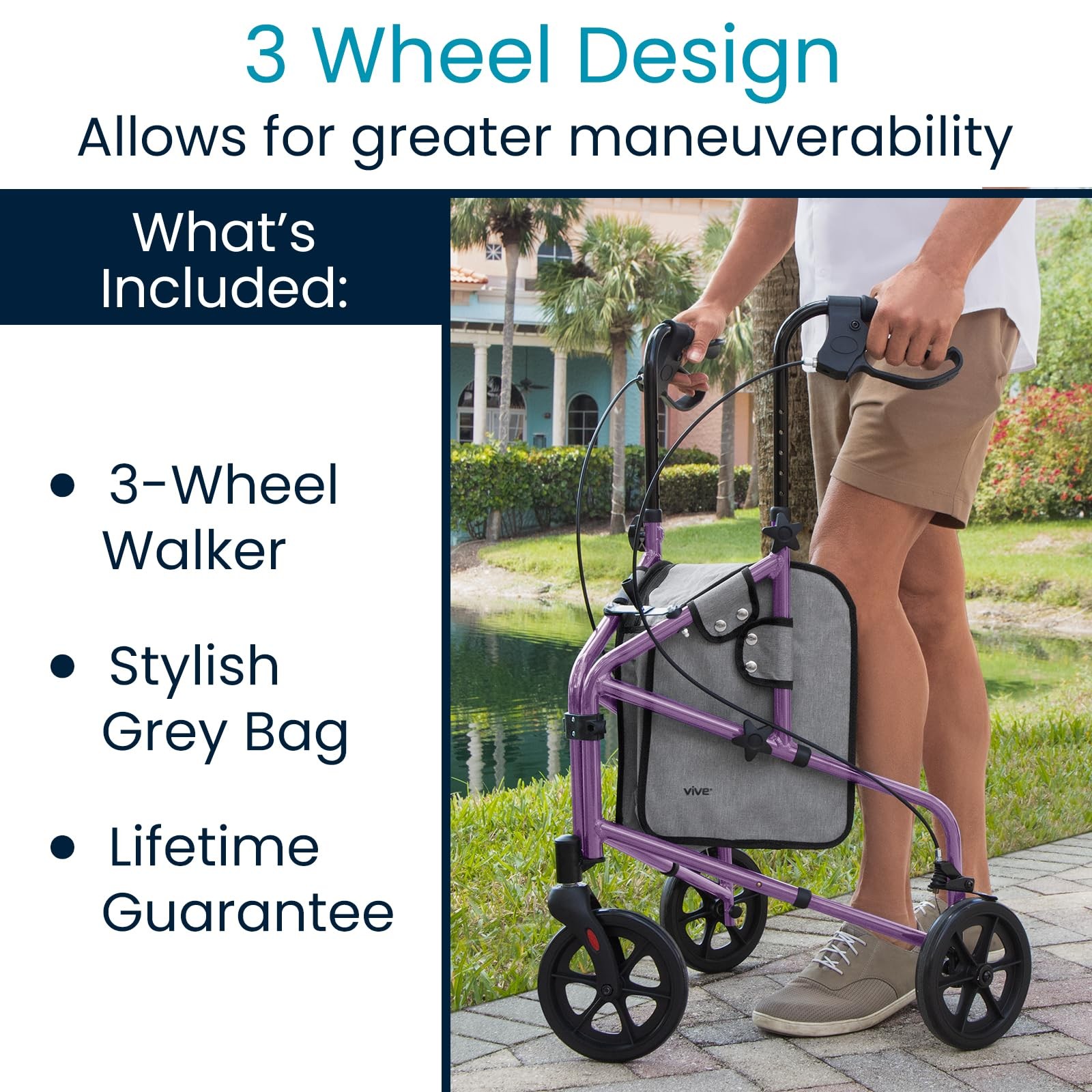 3 Wheel Walker Lightweight Foldable Heavy Duty Rollator Seniors Vive Mobility