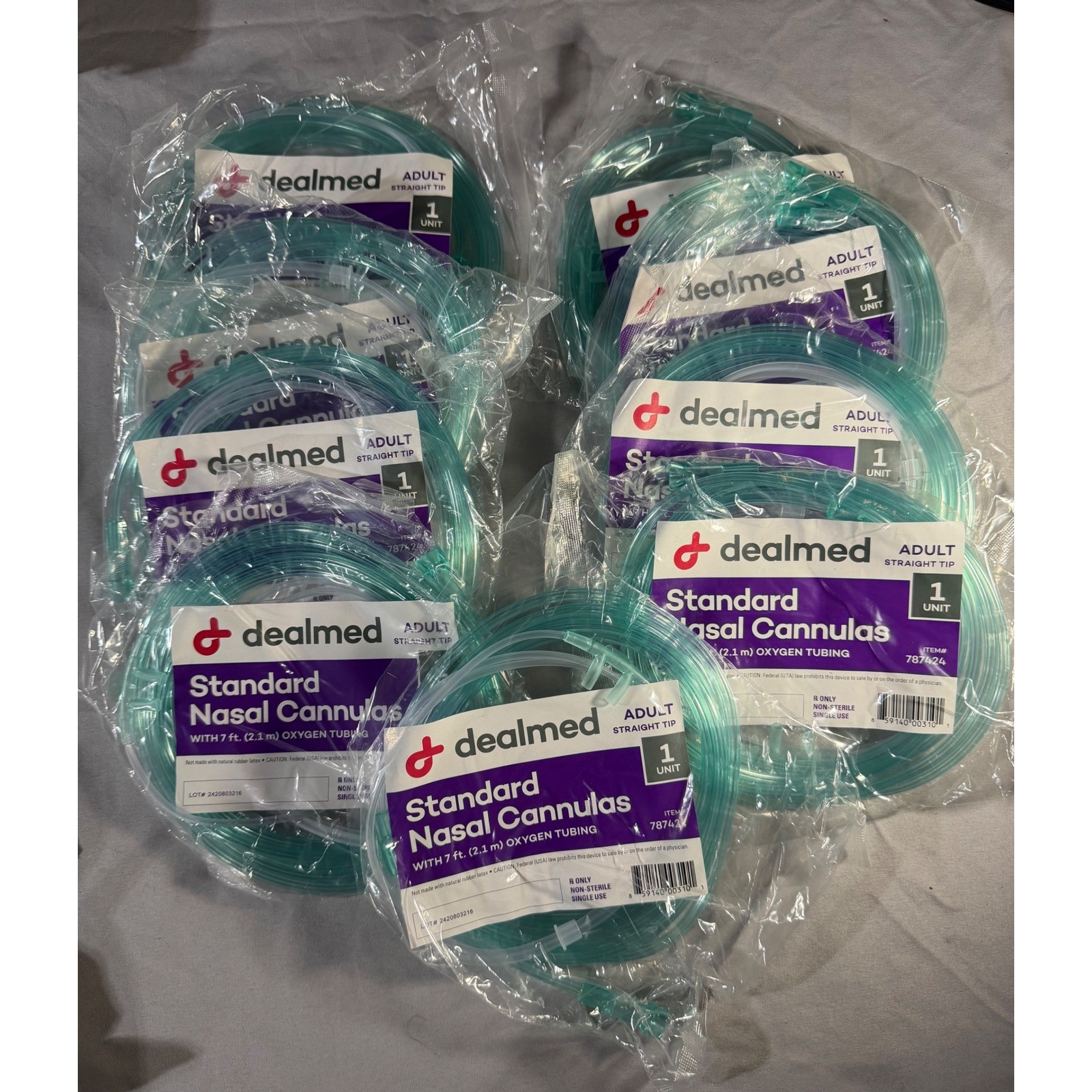 Dealmed Standard Nasal Cannulas Adult Straight Tip 7ft Oxygen Tubing 10 Pack