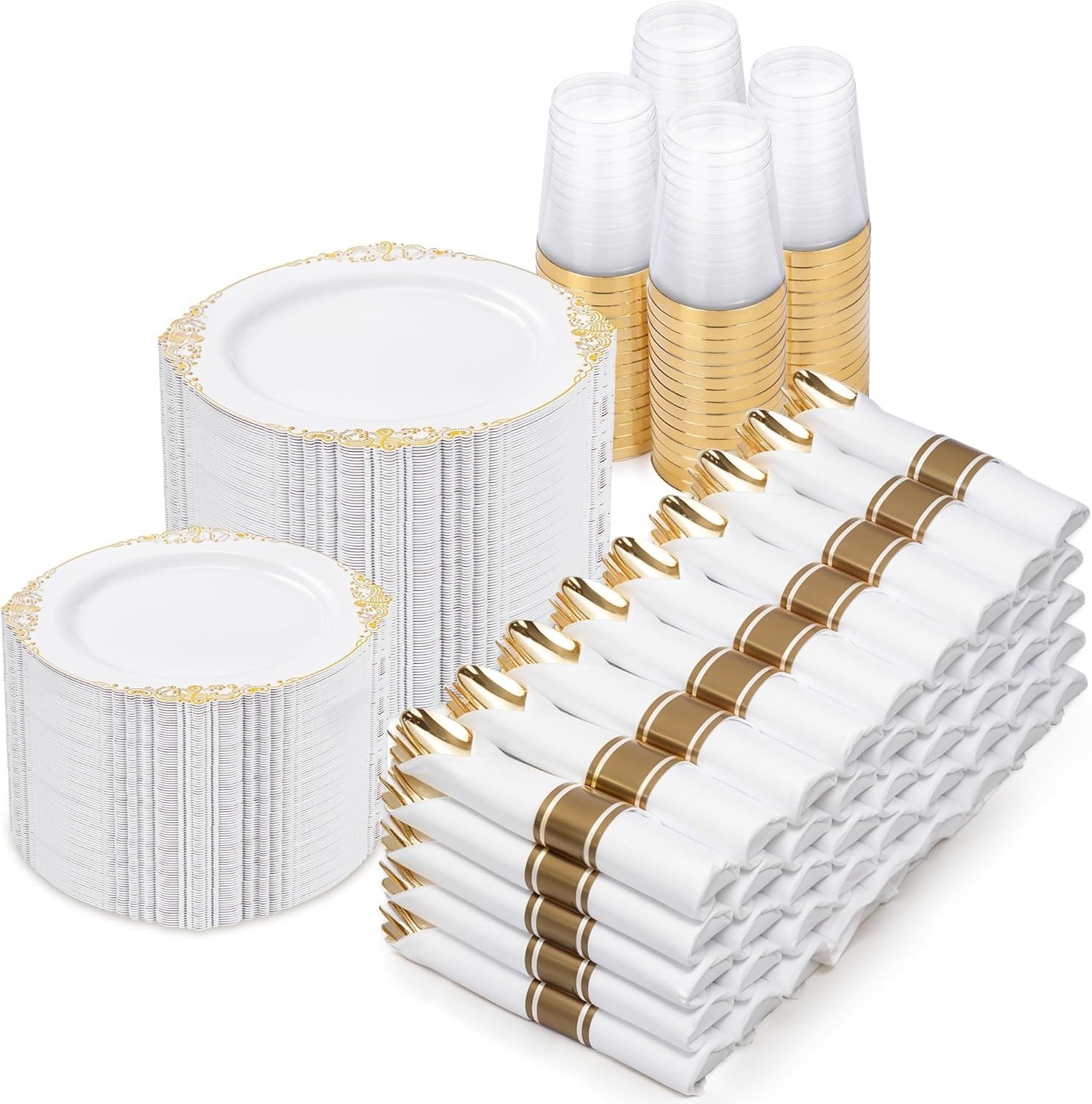 Plastic Dinnerware Set 700PCS Gold Plates Silverware Cups Napkins 100 Guests