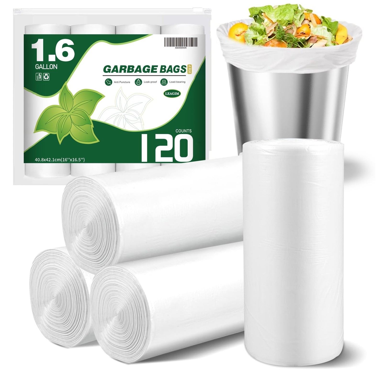 120 Counts 1.6 Gallon Small Trash Bags, Mini 1 Count (Pack of 120), White