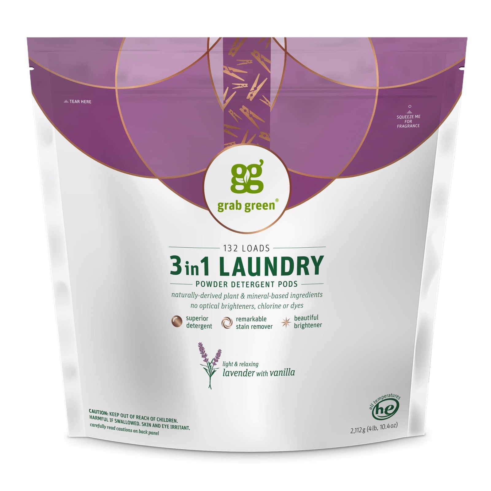 Laundry Detergent Pods 132 Count 3-in-1 Lavender Vanilla Grab Green