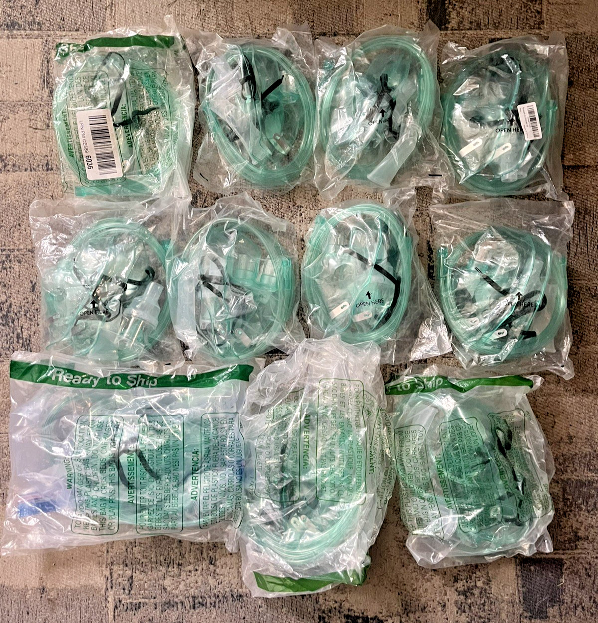 LOT of 10 Oxygen Masks with Tubing & Adjustable Elastic Strap – Green