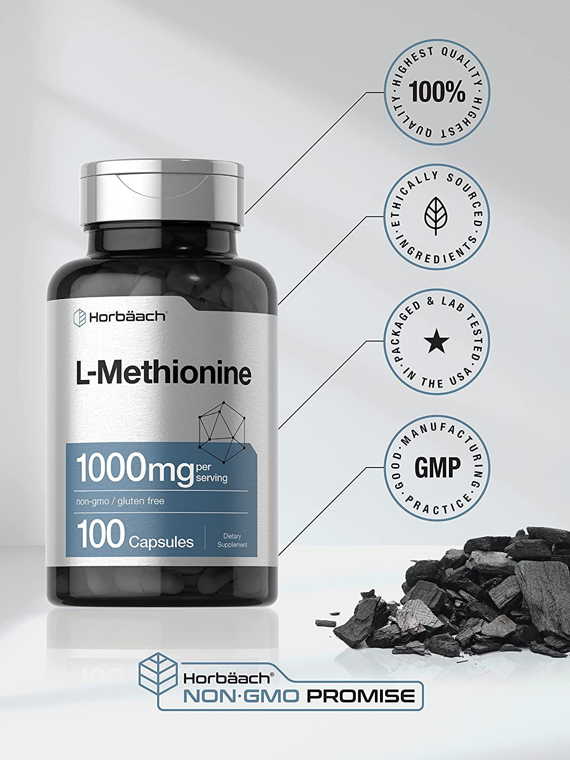 L-metionina 1000 mg 100 cápsulas suplemento de aminoácido libre sin GMO ni glute