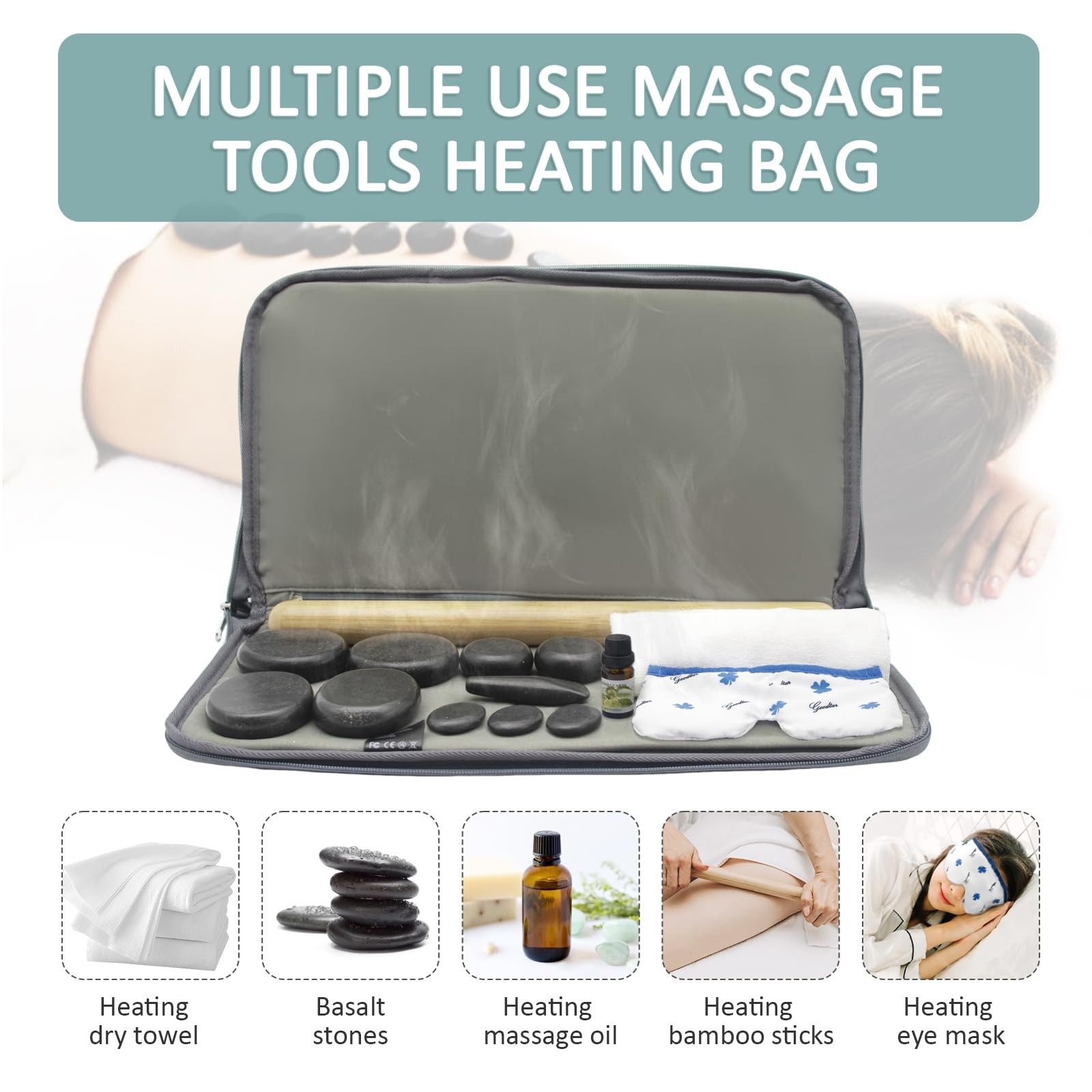 Massage Stones Set 11 Rocks Hot Stone Warmer Kit Temperature Control Gray Bamboo