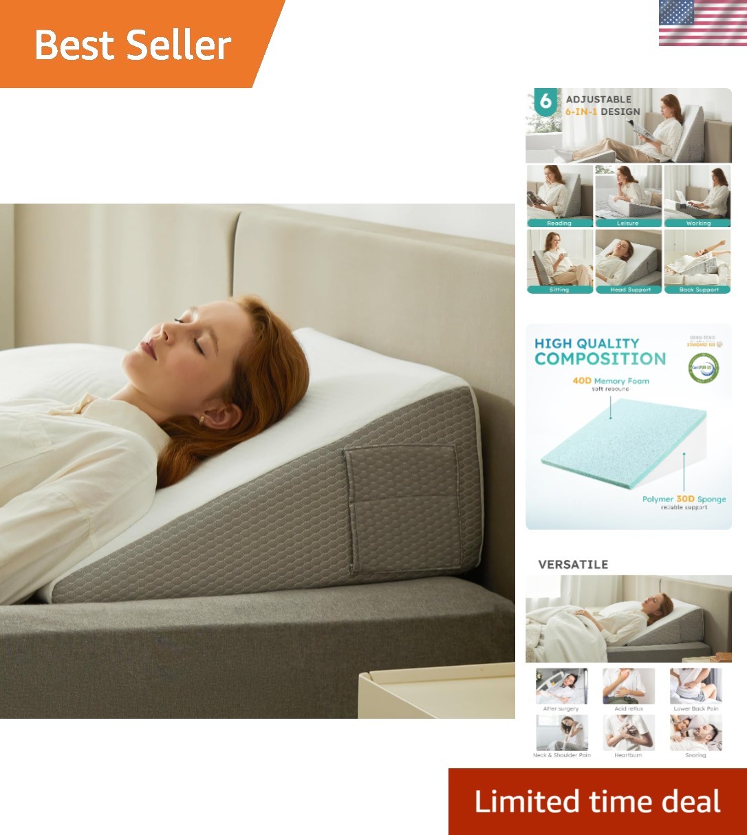 Acid Reflux Relief Wedge Pillow – 10 Inch Bed for Back Pain