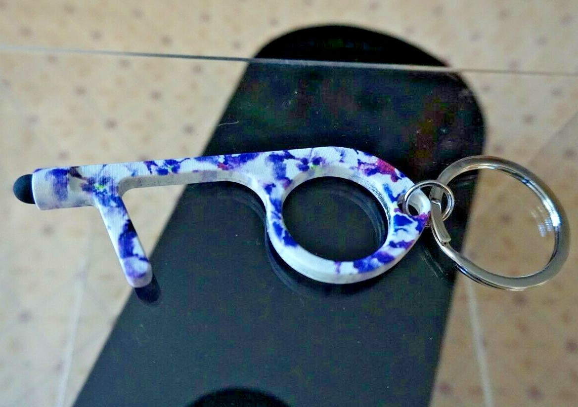 Key Chain Tool Anti Germ Touch Free Exposure Safe Purple Water Color Print Metal