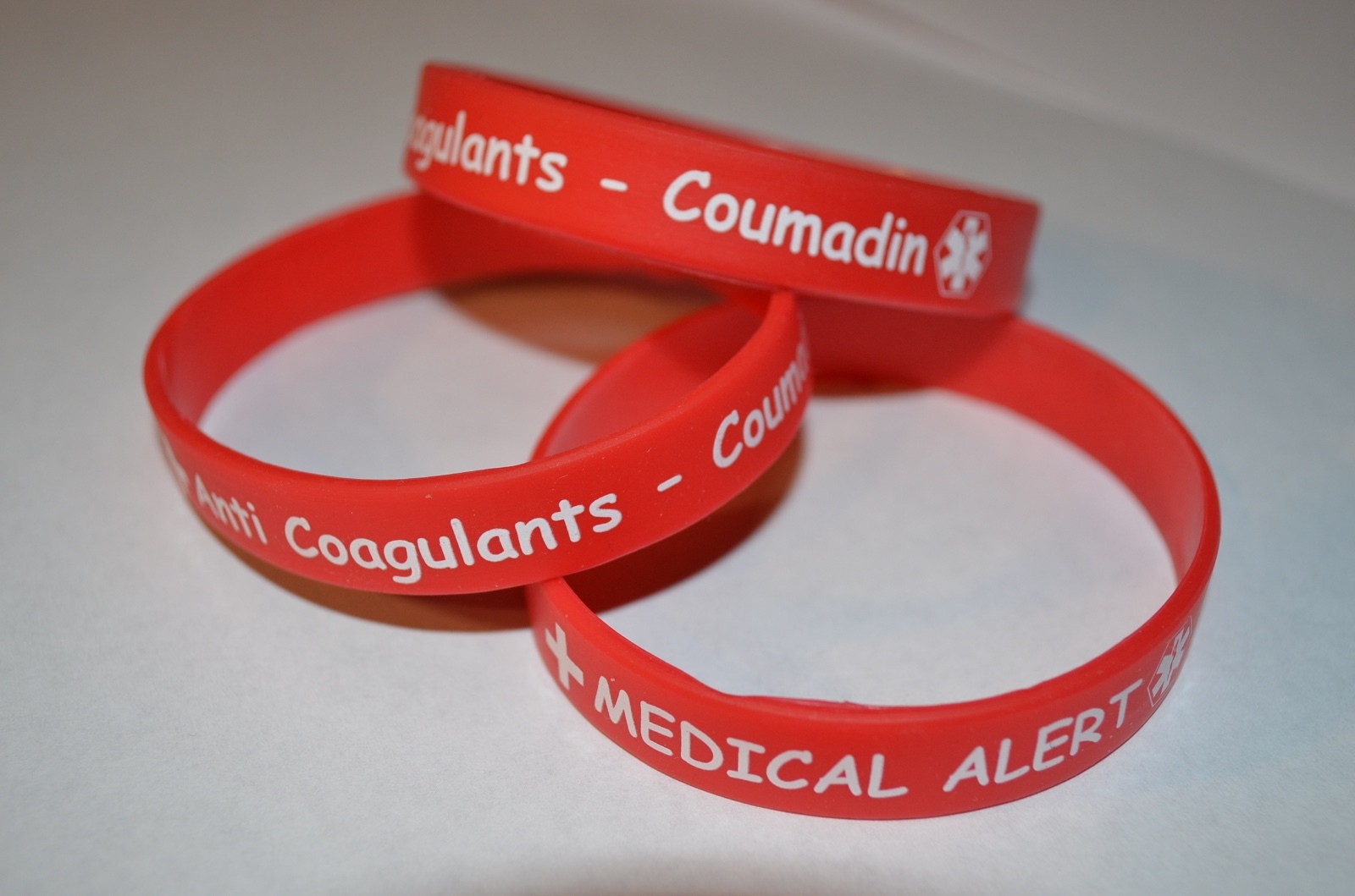 4 for $5 Medical Alert Silicone wristbands: Anti Coagulants-Coumadin; Adult size