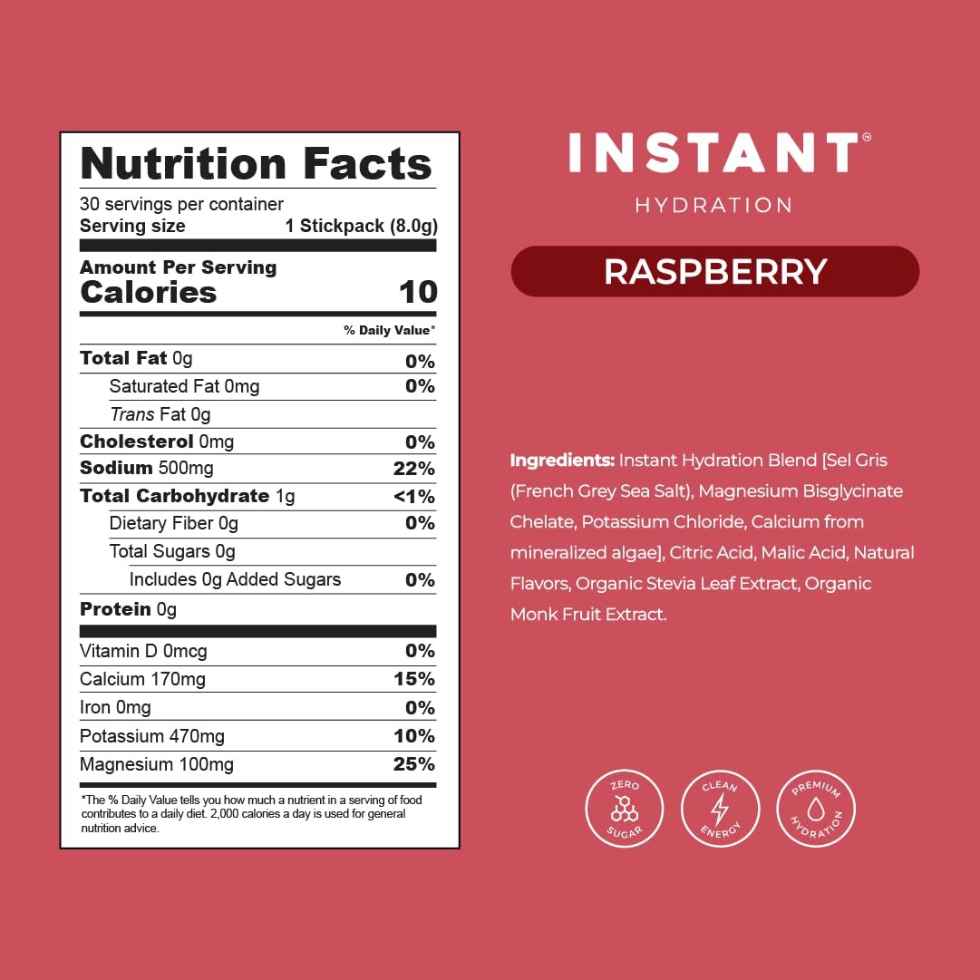 Electrolyte Powder Packets Instant Hydration Raspberry 30 Sticks Zero Sugar