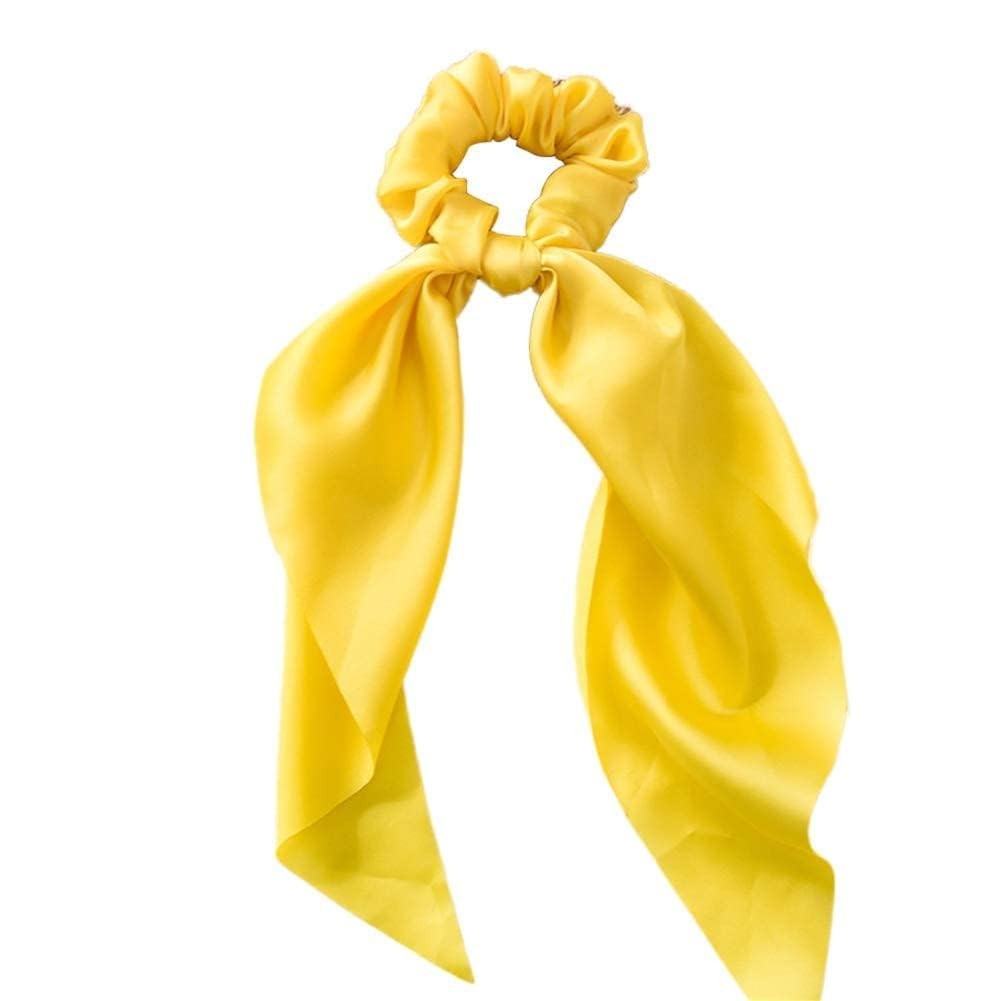 Yellow Women Girl Bow Satin Ribbon Ponytail Scarf Hair Tie Rope Scrunchies Elast