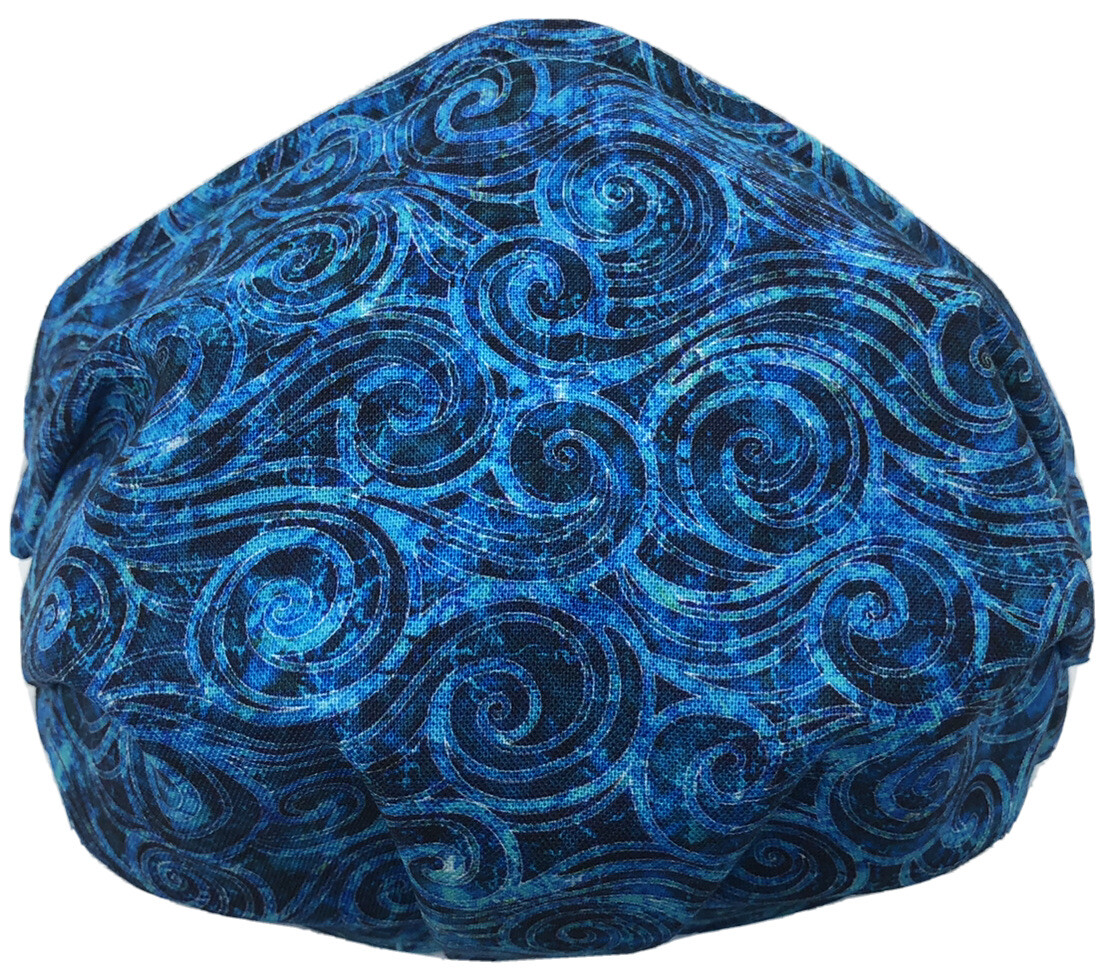 Ocean Waves Swirls / Blue Back Face Mask Triple Layer Double Wire Full Fitted