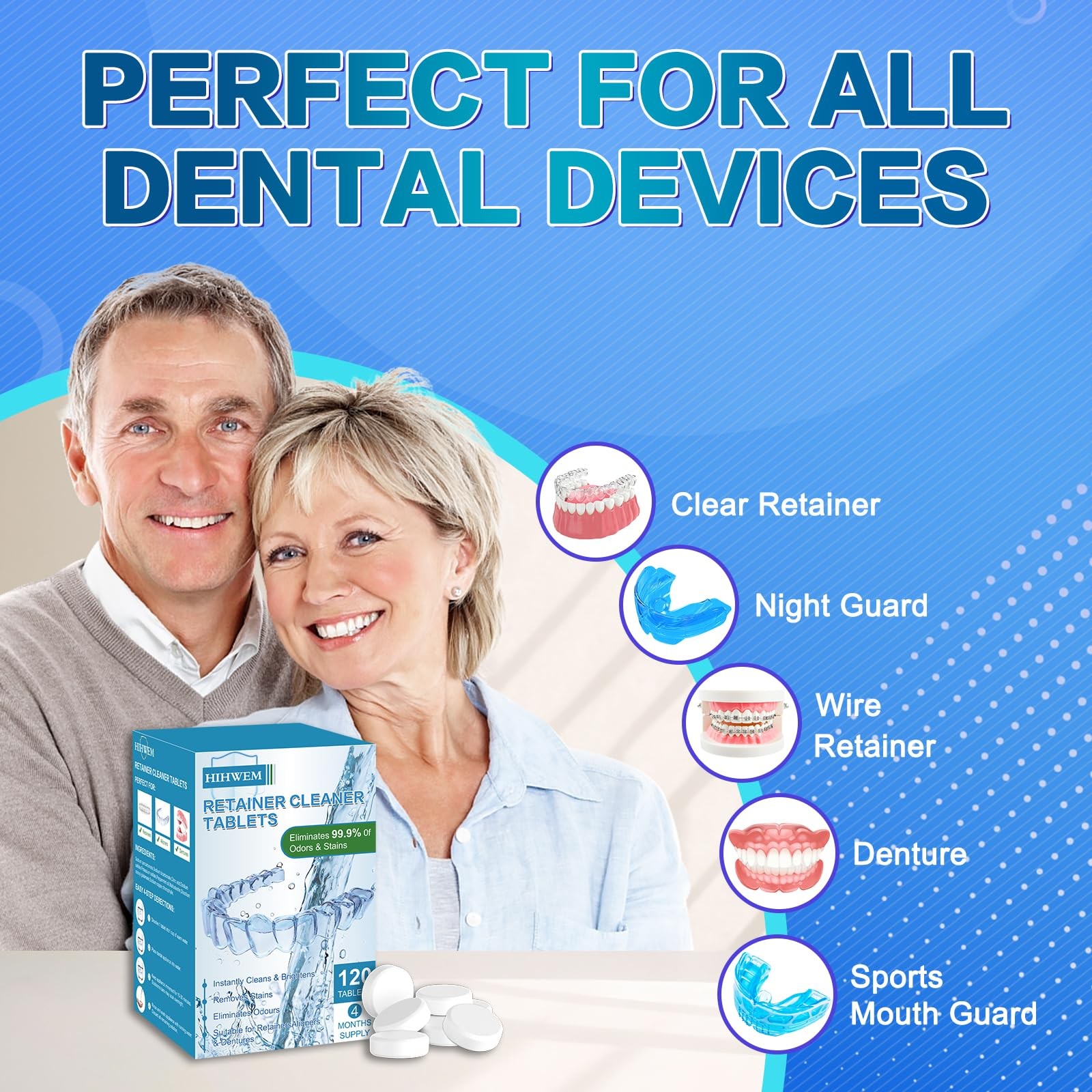 Retainer Cleaner Tablets, Denture Effervescent Tablets – 120 White