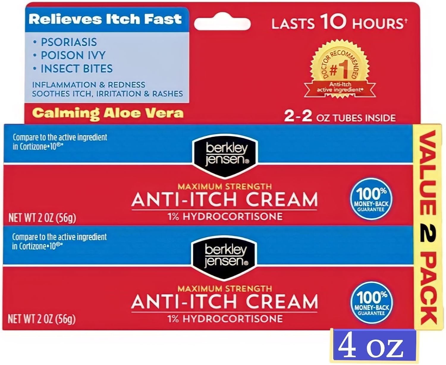 Berkley Jensen 1% Hydrocortisone Anti Itch Cream Aloe 2 Pack 4oz Total