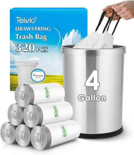 4 Gallon 320 Counts Strong Drawstring Trash Bags Garbage by White