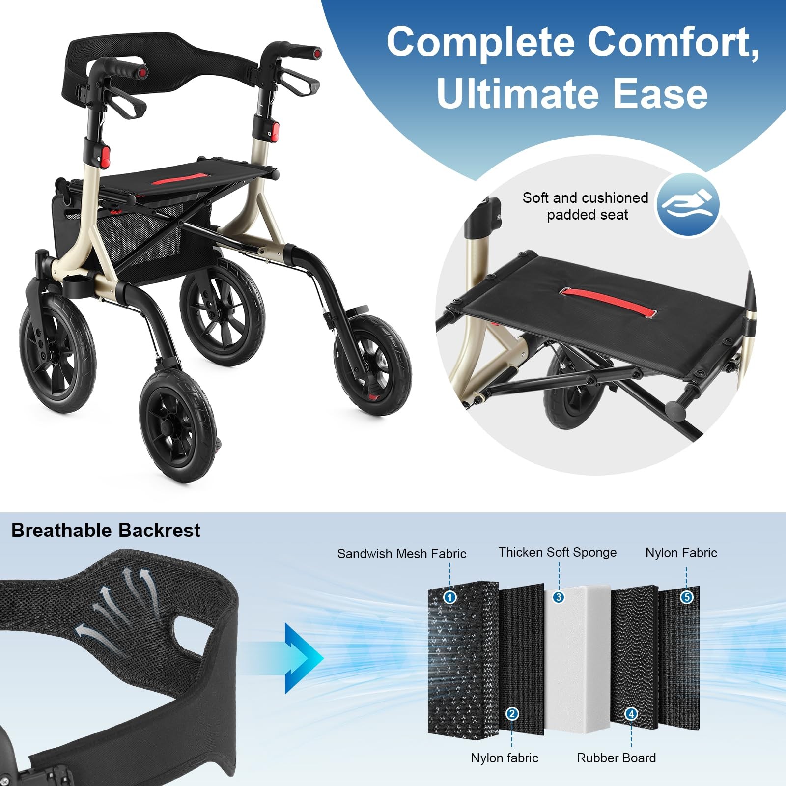 Walker with Seat 12 Wheels Foldable Height Adjustable Gold MAXWALK Rollator