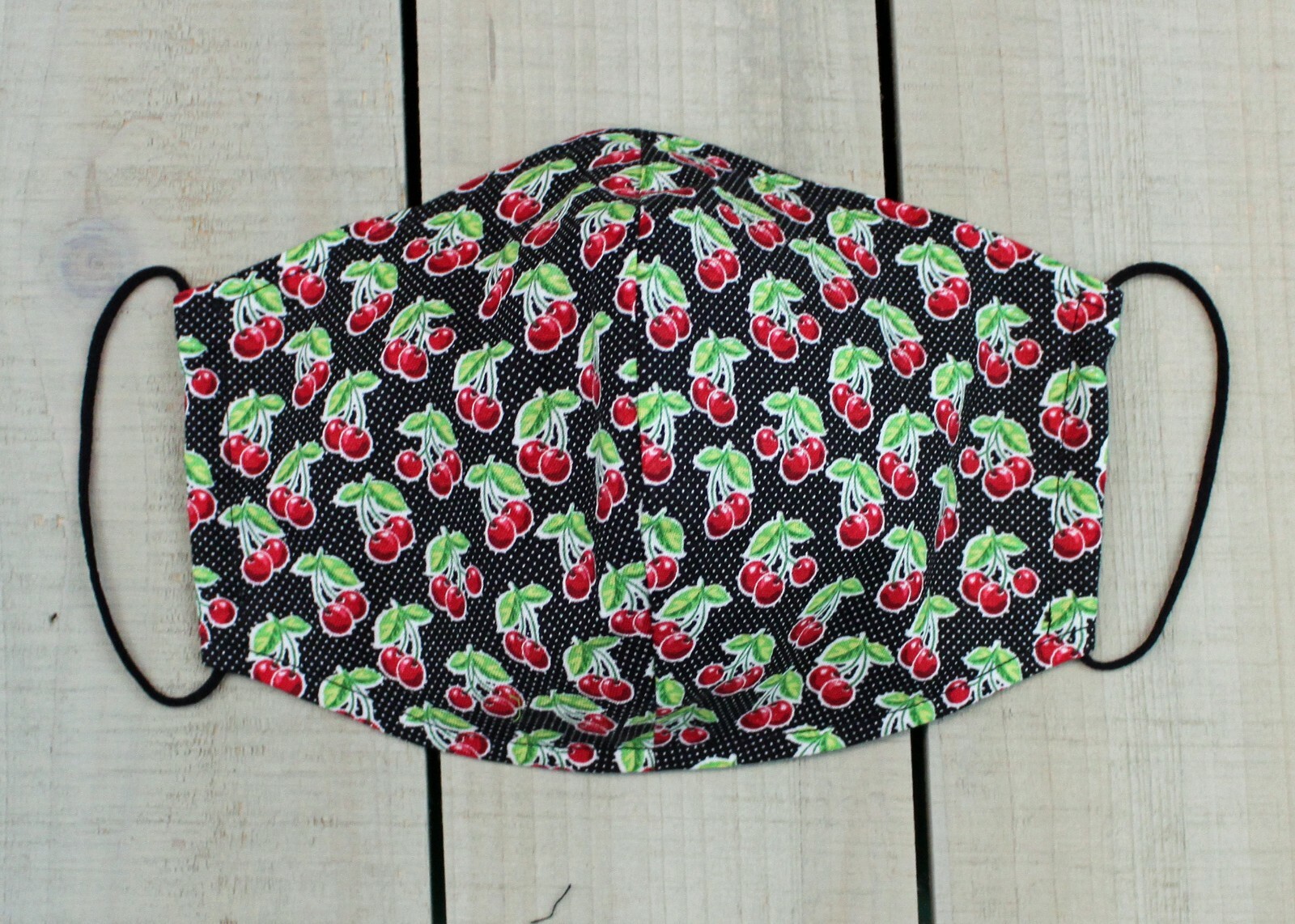 Red Cherries on a Black Background Design pattern 100% Cotton Face Mask. Hand se