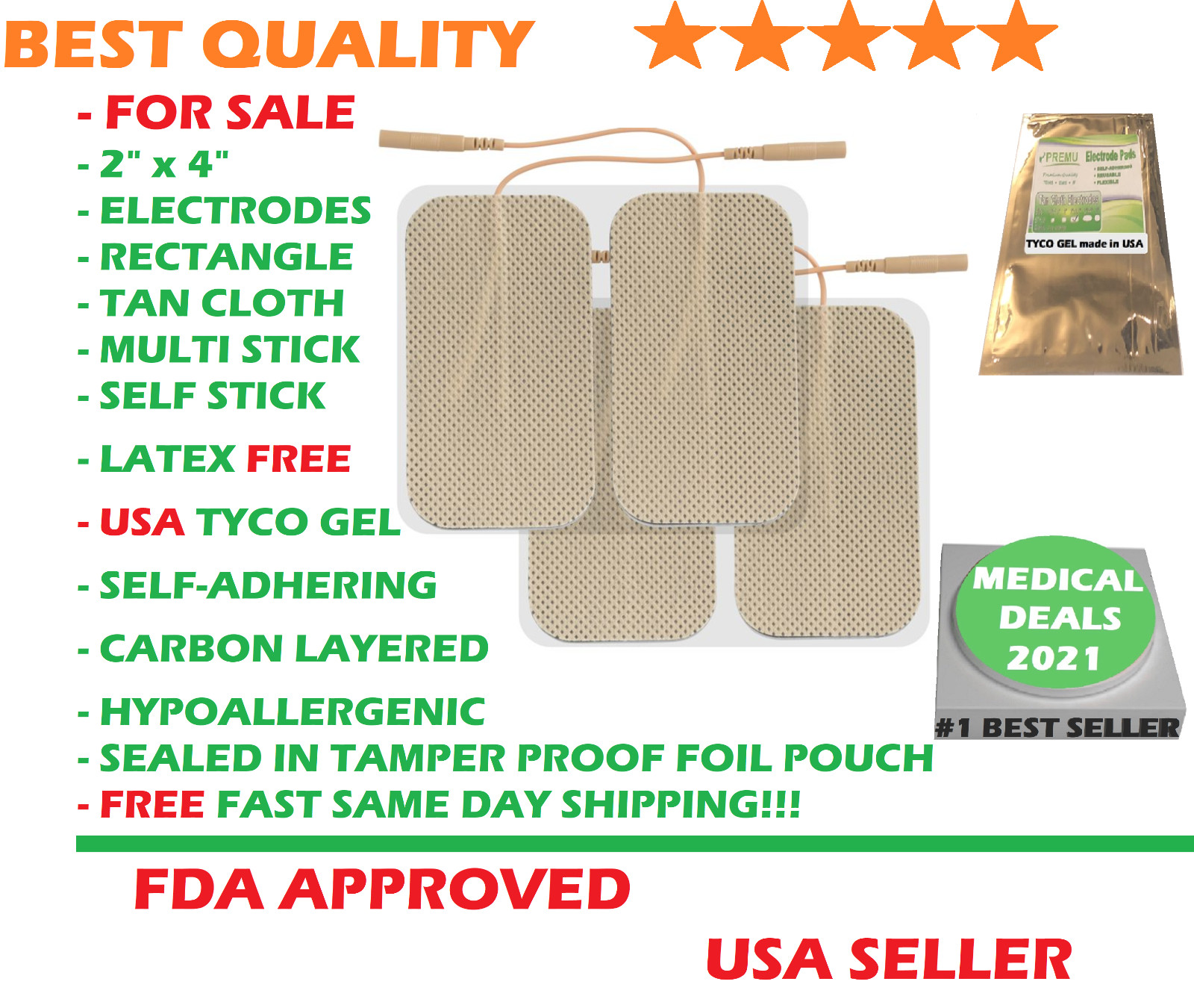 20 Reusable Rectangle 2 x 4 Tan Cloth ELECTRODE for Dynatronics Dynatron E-Stims