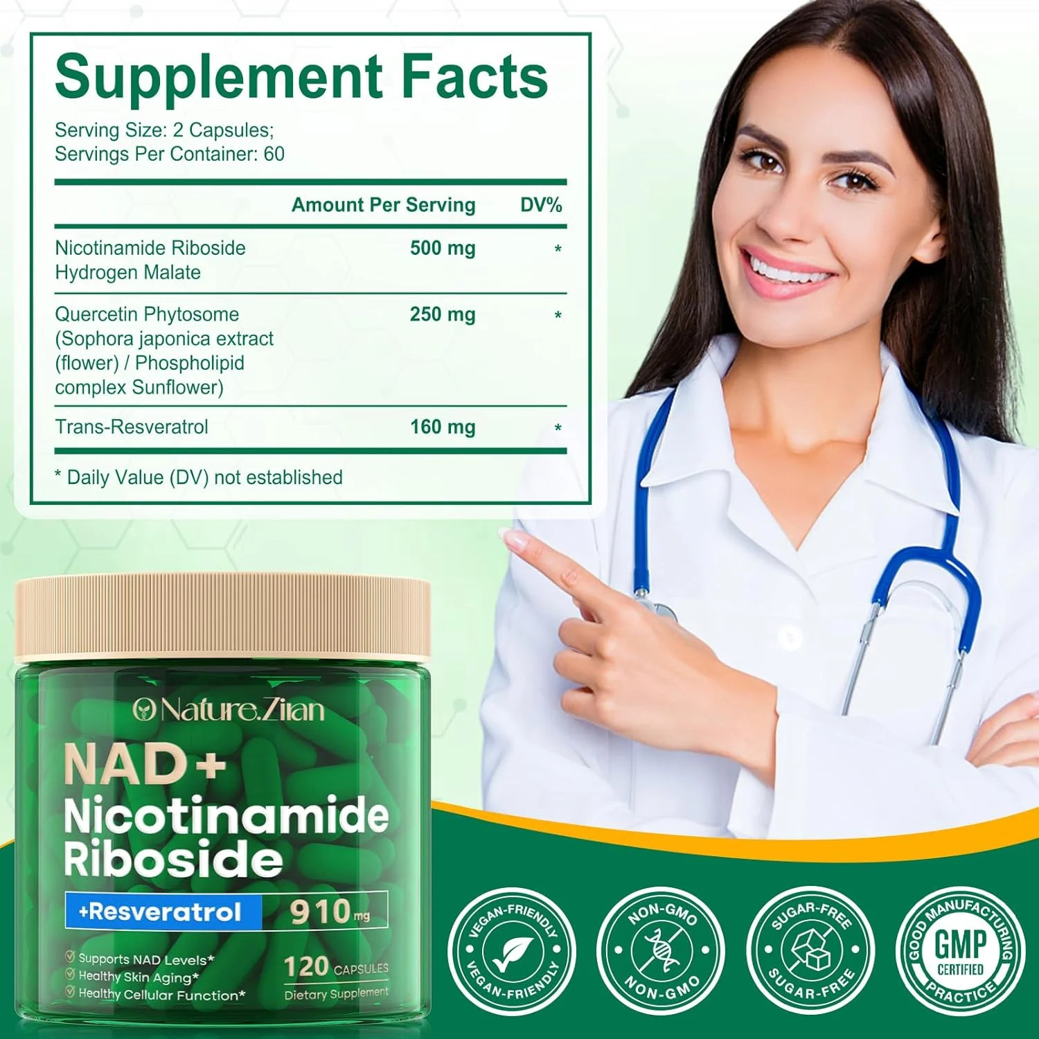 NAD Supplement – NAD+ Nicotinamide Riboside 910 Mg Supplement for Women & Men, L