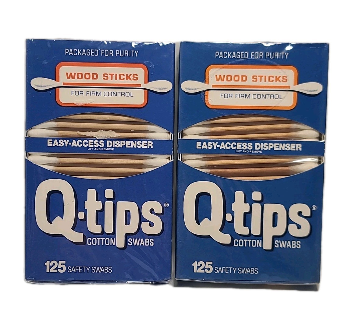 ( LOT OF 2 ) Vintage Q-TIPS • WOOD STICKS• 125 COTTON SWABS Each • SEALED Q-Tips