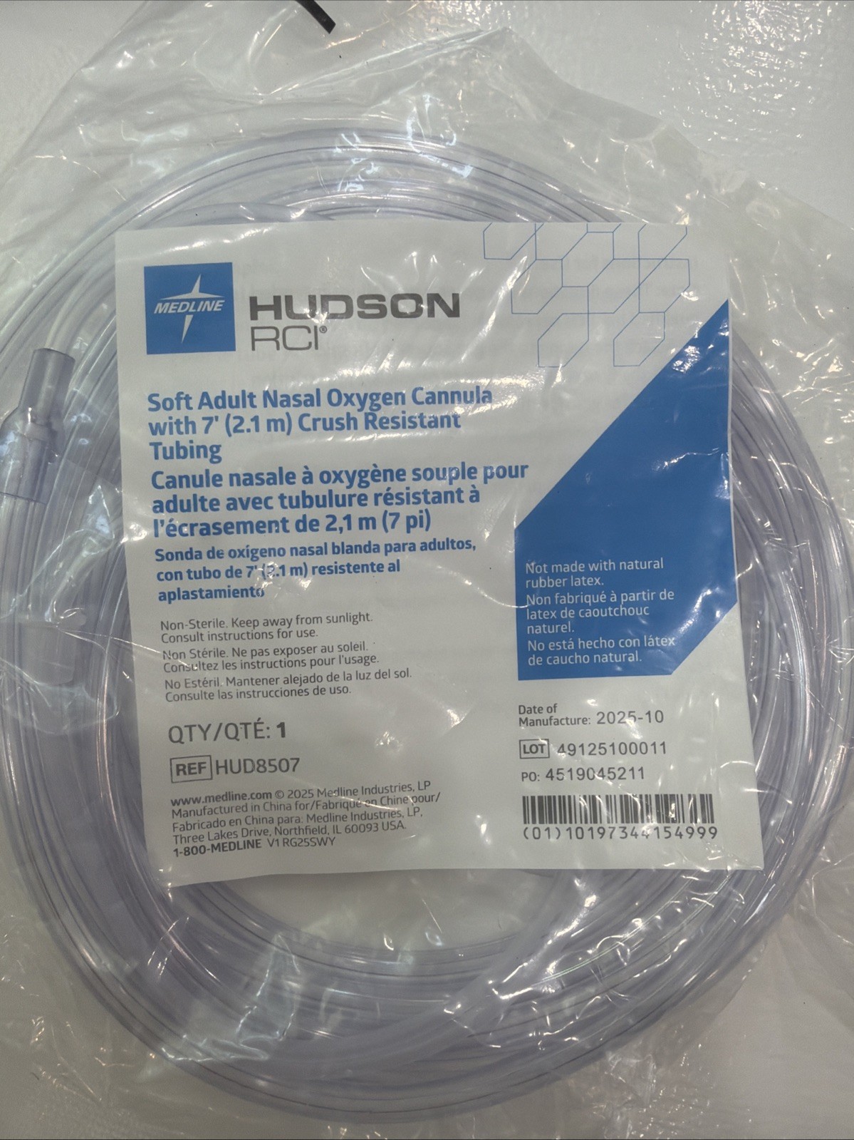 Hudson RCI Adult Nasal Oxygen Cannula 7 ft Crush Resistant HUD8507
