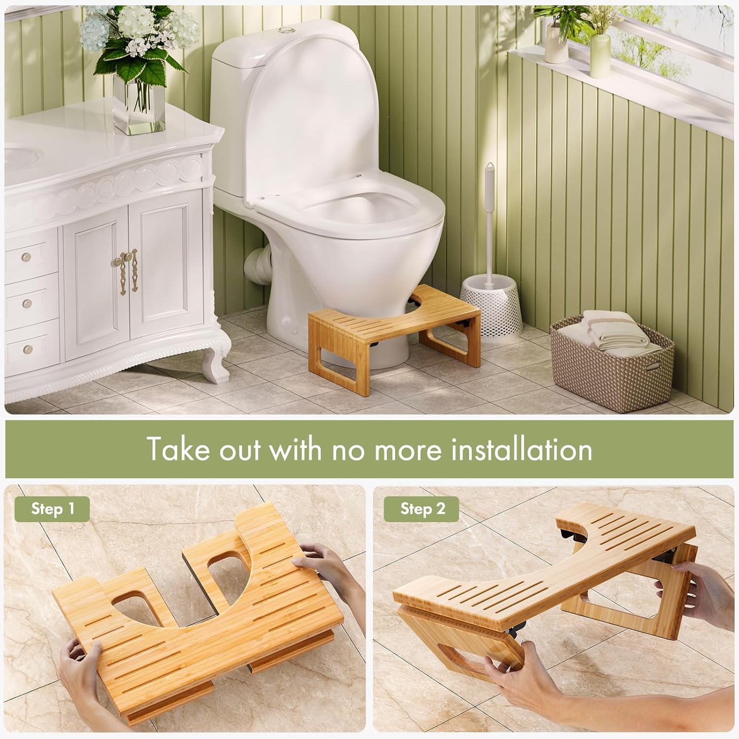 AmazerBath 7 Inches Bamboo Toilet Stool Squat for Adult, Foldable Squatting Pott
