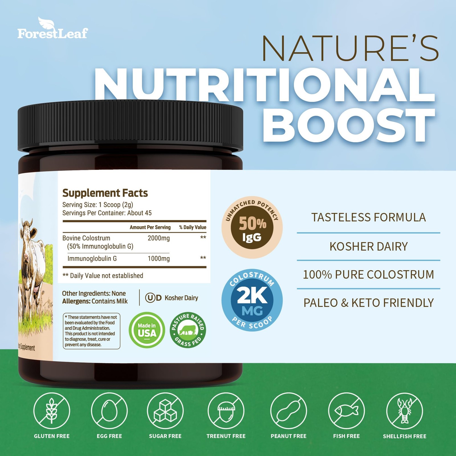 Colostrum Powder 50% IgG Grass Fed Gut Health Immune Support 45 Servings Highest