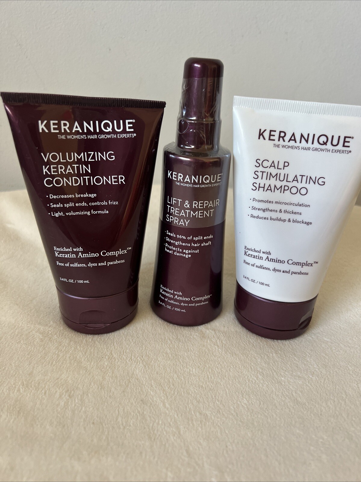 Keranique Scalp Stimulating Shampoo + Keratin Conditioner 3.4 Fl Oz Repair Spray