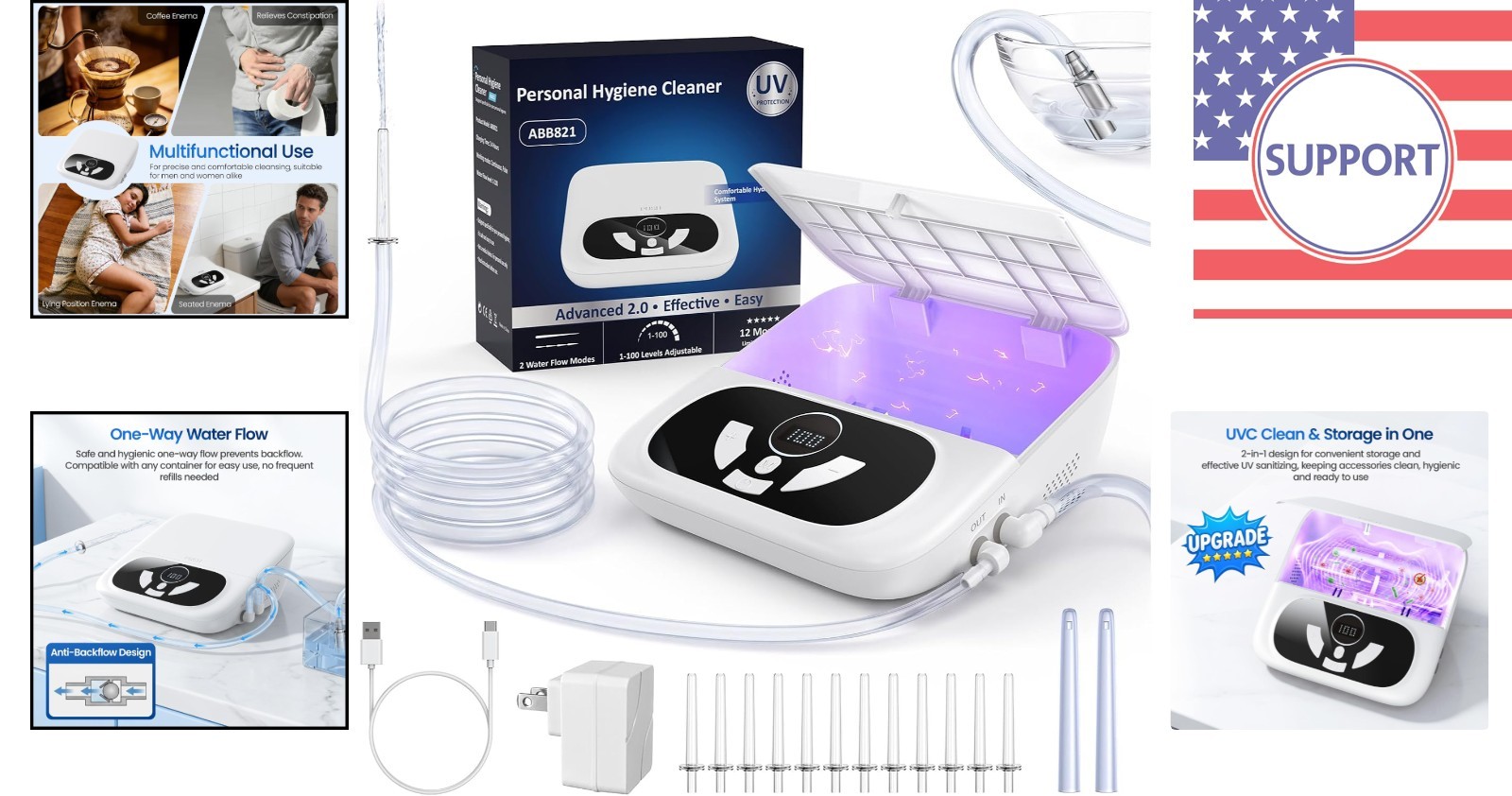 Portable Electric Enema System with UVC Cleaning and Adjustable Pressure Options