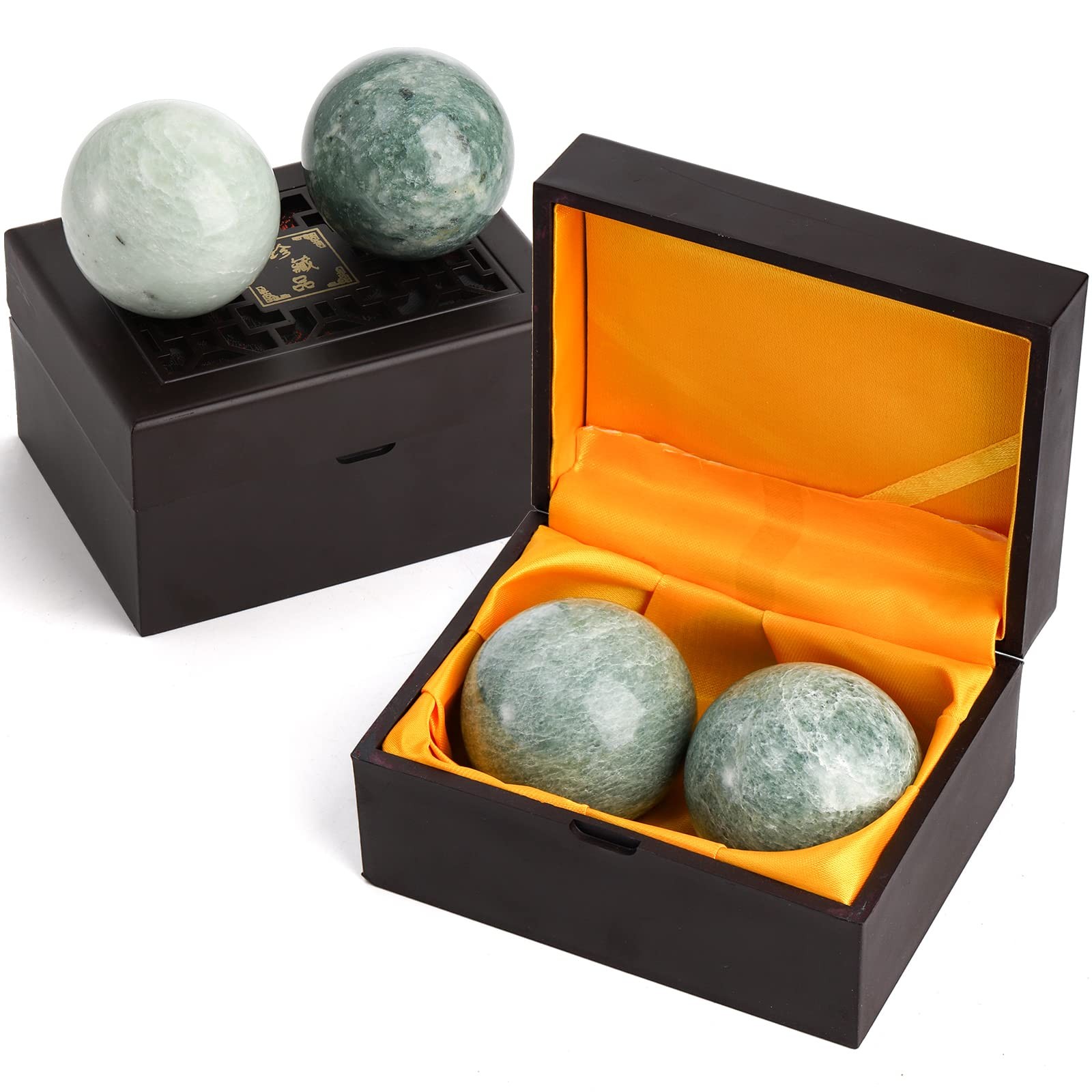Lyellfe Set of 4 Marble Stone Baoding Balls, 2 Inch Meditation Balls Green