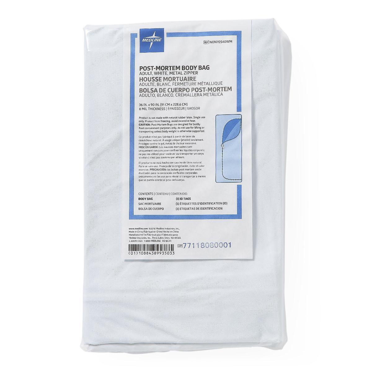 Adult Body Bag With Metal Zipper, Pvc, 200 Lb. Limit, White, 36″ X 90″, Each