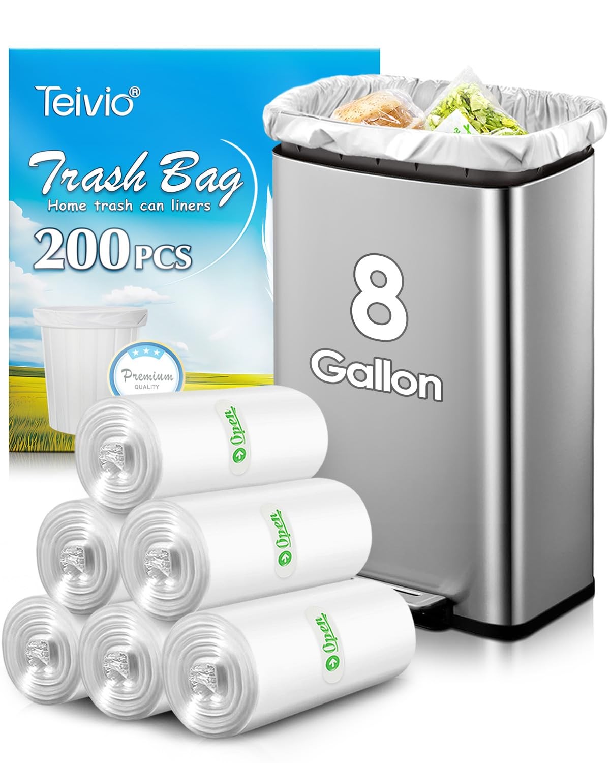 8 Gallon 200 Counts Unscented Medium Trash 1 Count (Pack of 200), Clear