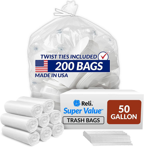Reli. Premium 50 Gallon Trash Bags | 200 Count | Made in USA | Heavy Clear
